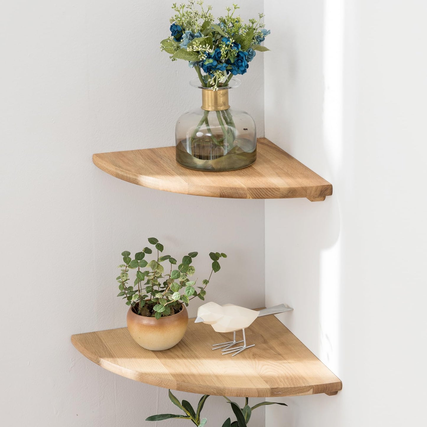 Conamily Corner Shelves, Floating Corner Shelf, Set of 2 7inch Solid Oak Wood Wall Shelves, Round End Wall Mount with Wire Hole Shelving for Small Plant for Bedroom Kitchen, Living Room