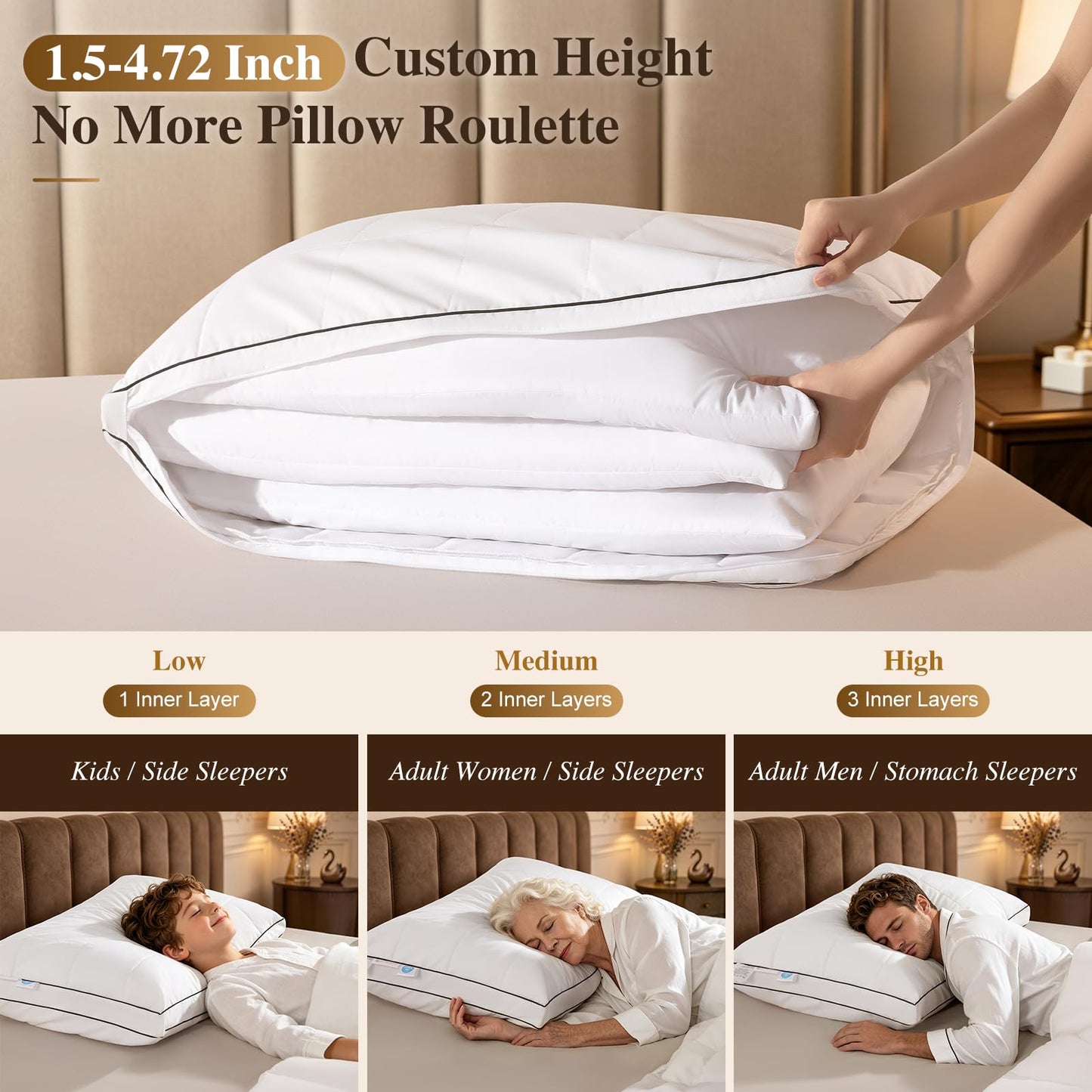 LIANLAM 3-Layer Adjustable Goose Down Pillow Standard Size, Modular Custom Height Pillow with Cooling Fabric, 80% Down 20% Feather, RDS & Oeko-TEX Certified for All Sleepers(1 Pack, 20"x26")