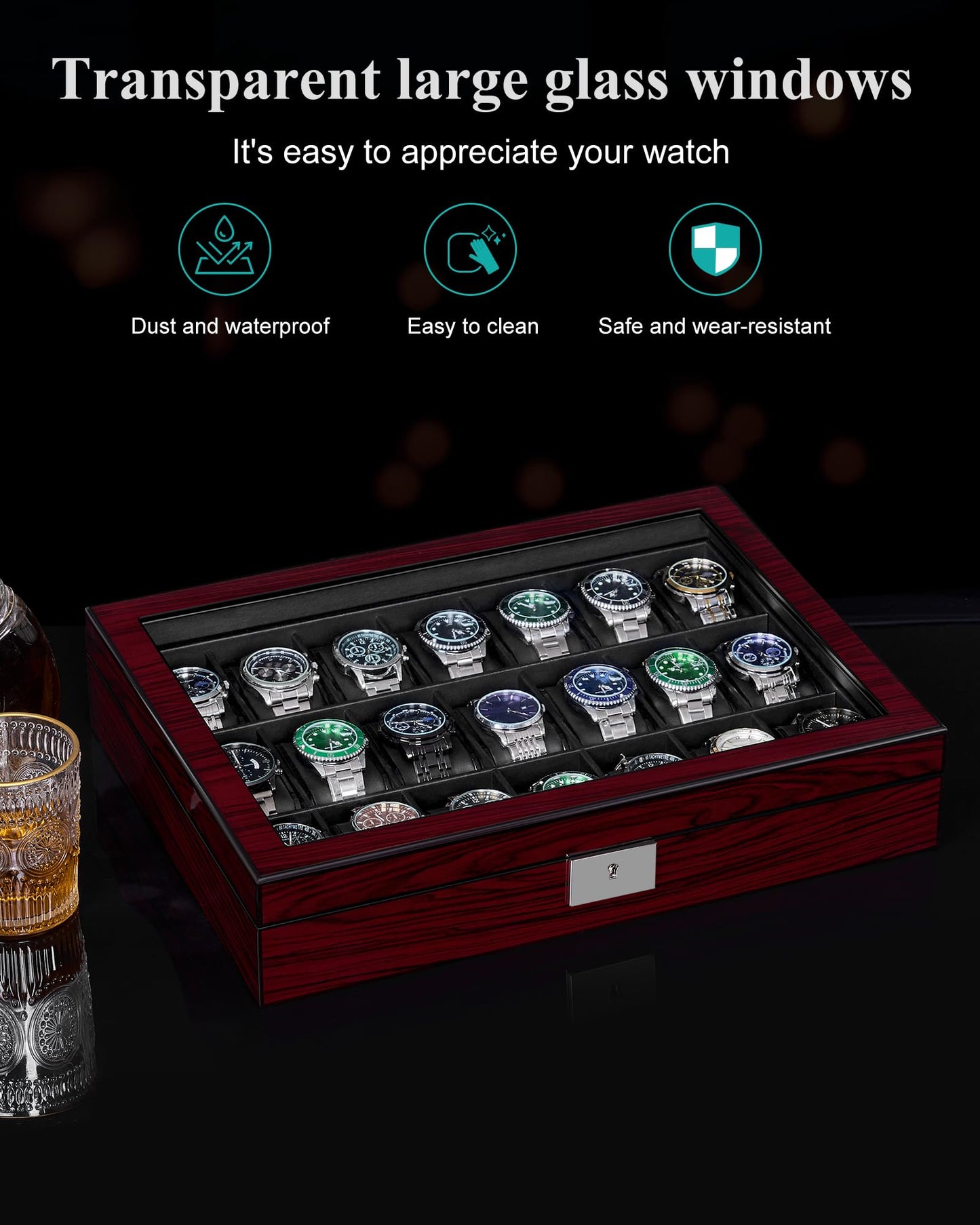 ANWBROAD 21 Slot Watch Cases for Men Watch Box with Large Glass Lid Lockable Wood Watch Display Case Watch Organizer Giftable Elegant Watch Holder Fathers Day UJWB004Y