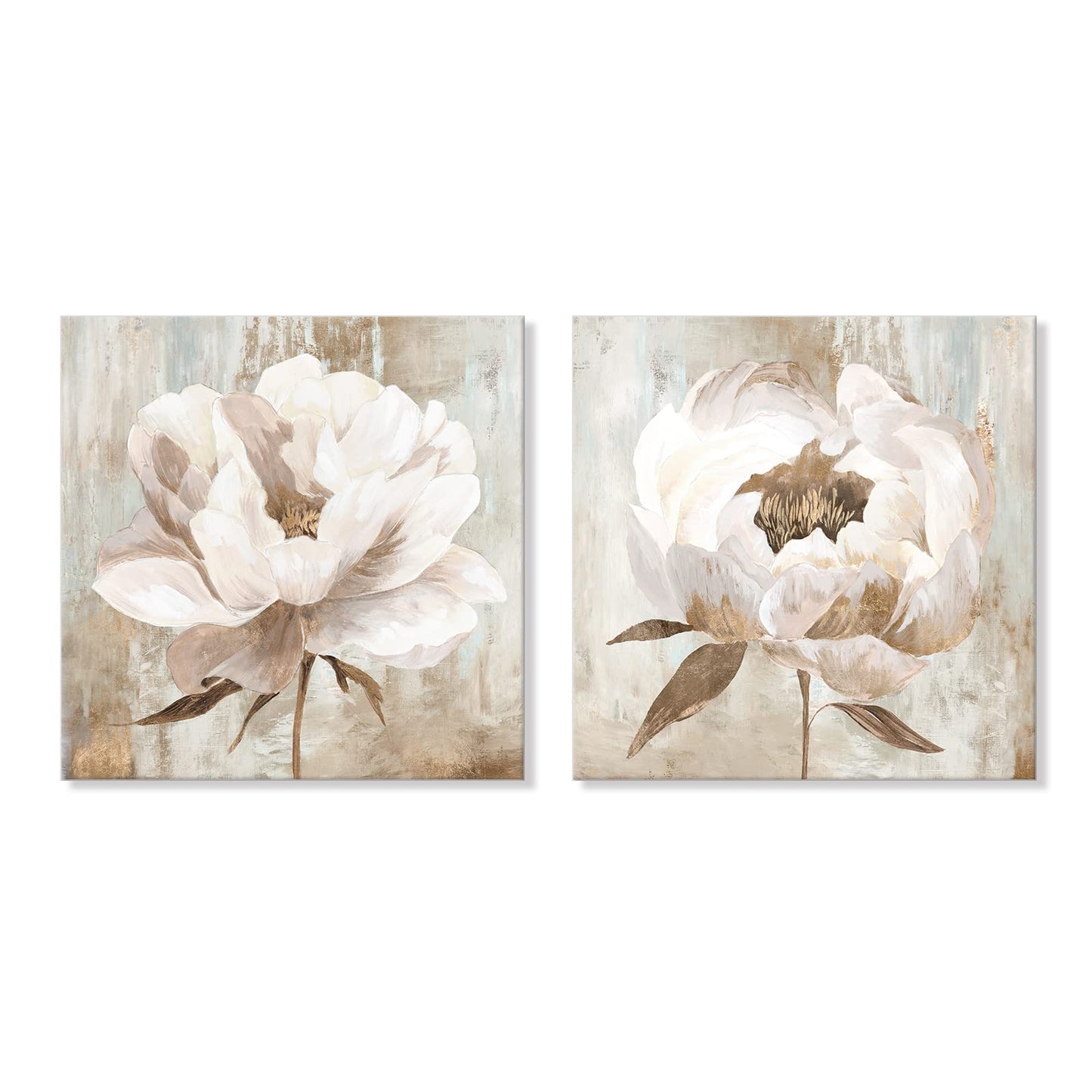 7CANVAS Beige Flower Wall Art White Floral Blooming Canvas Print Modern Botanic Wall Pictures for Livingroom Above Bed Sofa Home Decoration 24x24Inchx2pcs