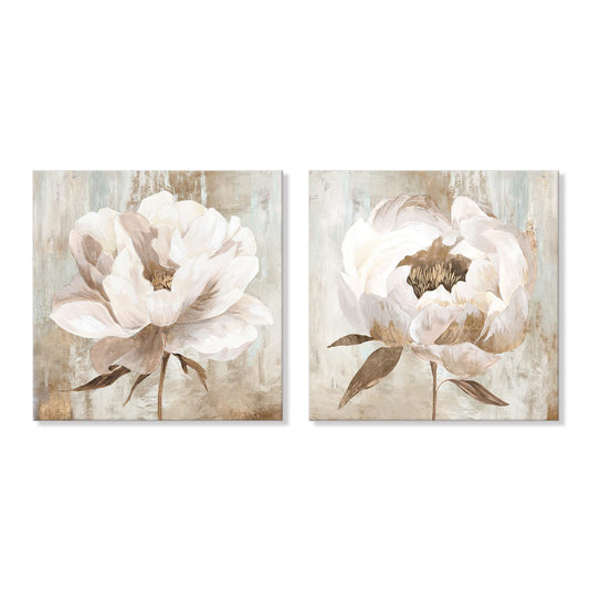 7CANVAS Beige Flower Wall Art White Floral Blooming Canvas Print Modern Botanic Wall Pictures for Livingroom Above Bed Sofa Home Decoration 24x24Inchx2pcs