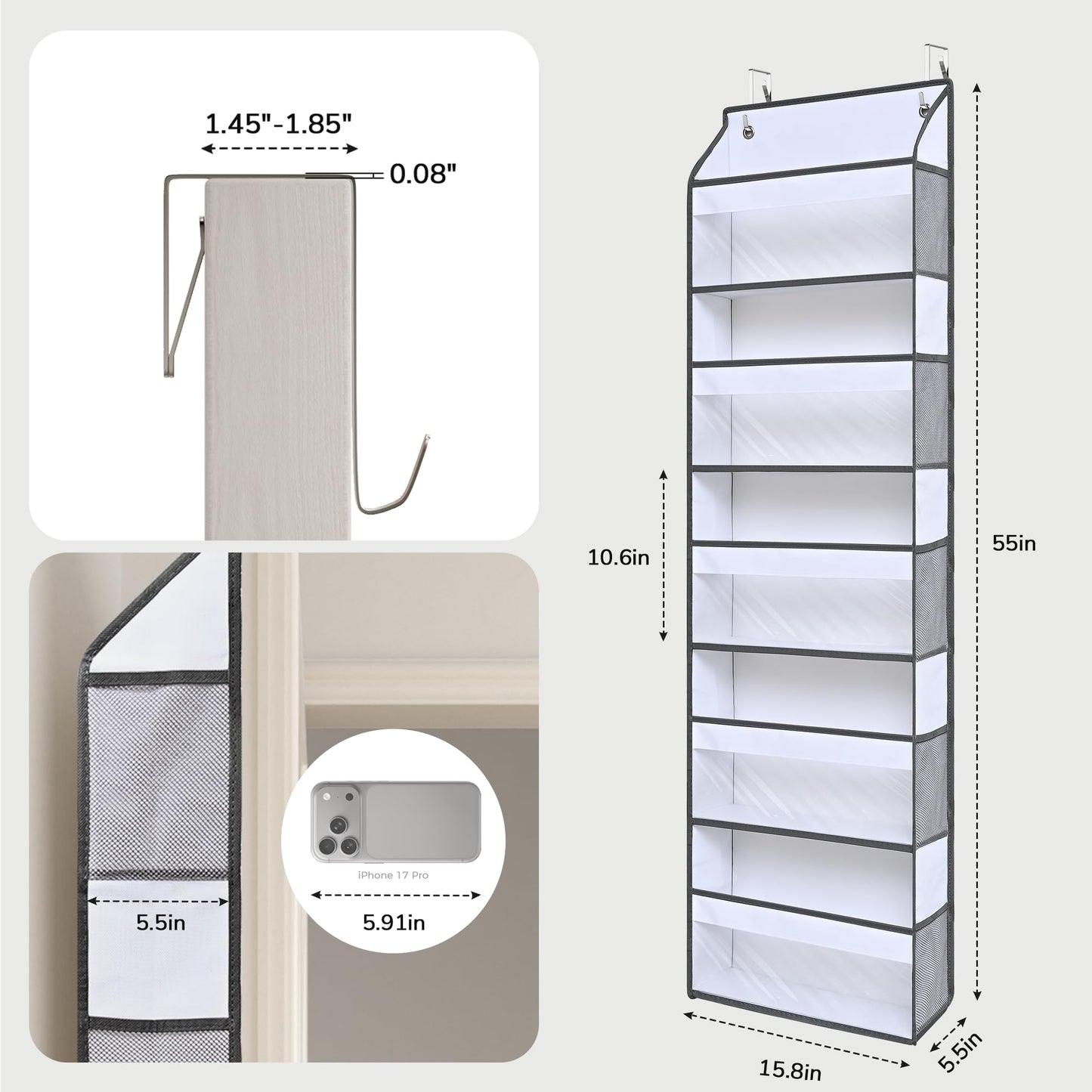 Ordovibe 5 Tiers Ultra-thin Over Door Organizer with 10 Mesh Side Pockets, 44 lbs Weight Capacity Hanging Storage Organizer with Clear Window Kids Toys, Shoes, Diapers, White & Grey