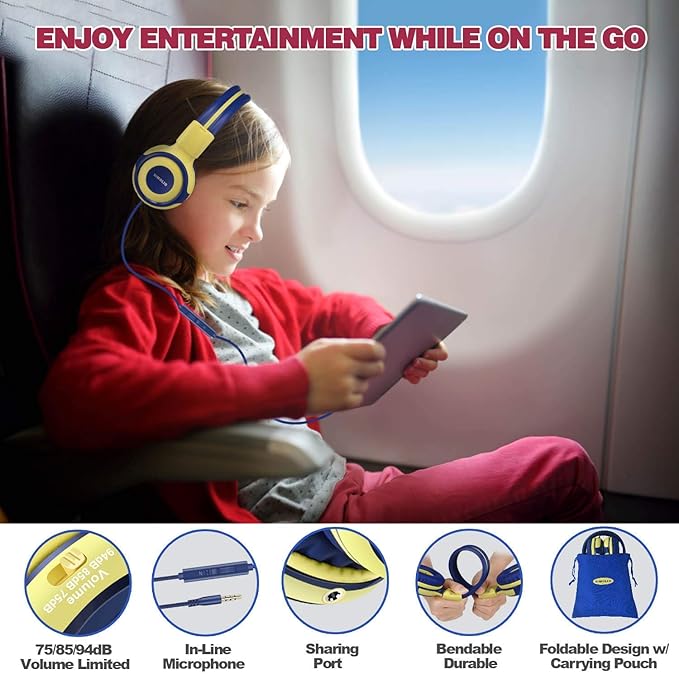 SIMOLIO Kids Headphones with Microphone, 75dB-85dB-94dB Volume Limited Children Headphone with Share Port, On-Ear Wired Headset for PC, Tablet, Airplane Travel(Yellow)
