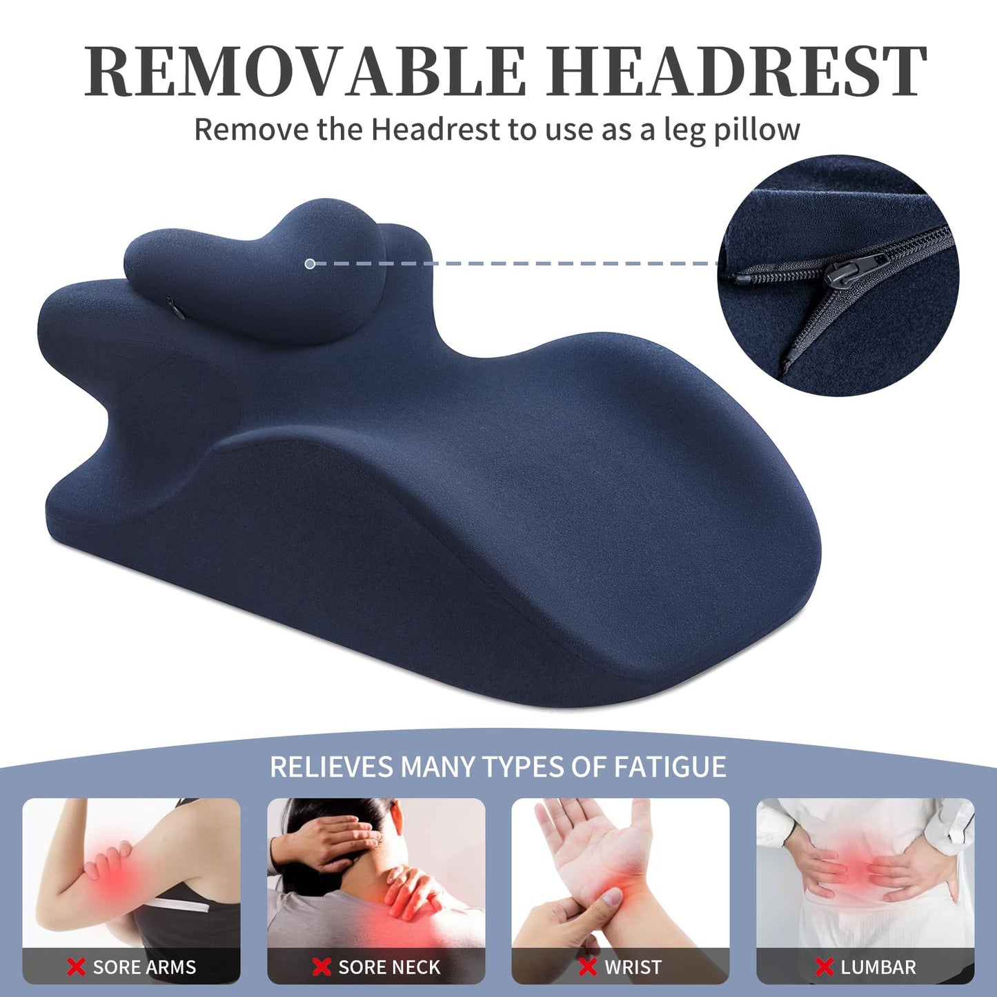 Memory Foam Ergonomic Prone Pillow, Bed Rest Pillow for Sleeping & Reading, Back Pain & Acid Reflux Support Pillow, Ideal for Massage, Removable Washable Cover