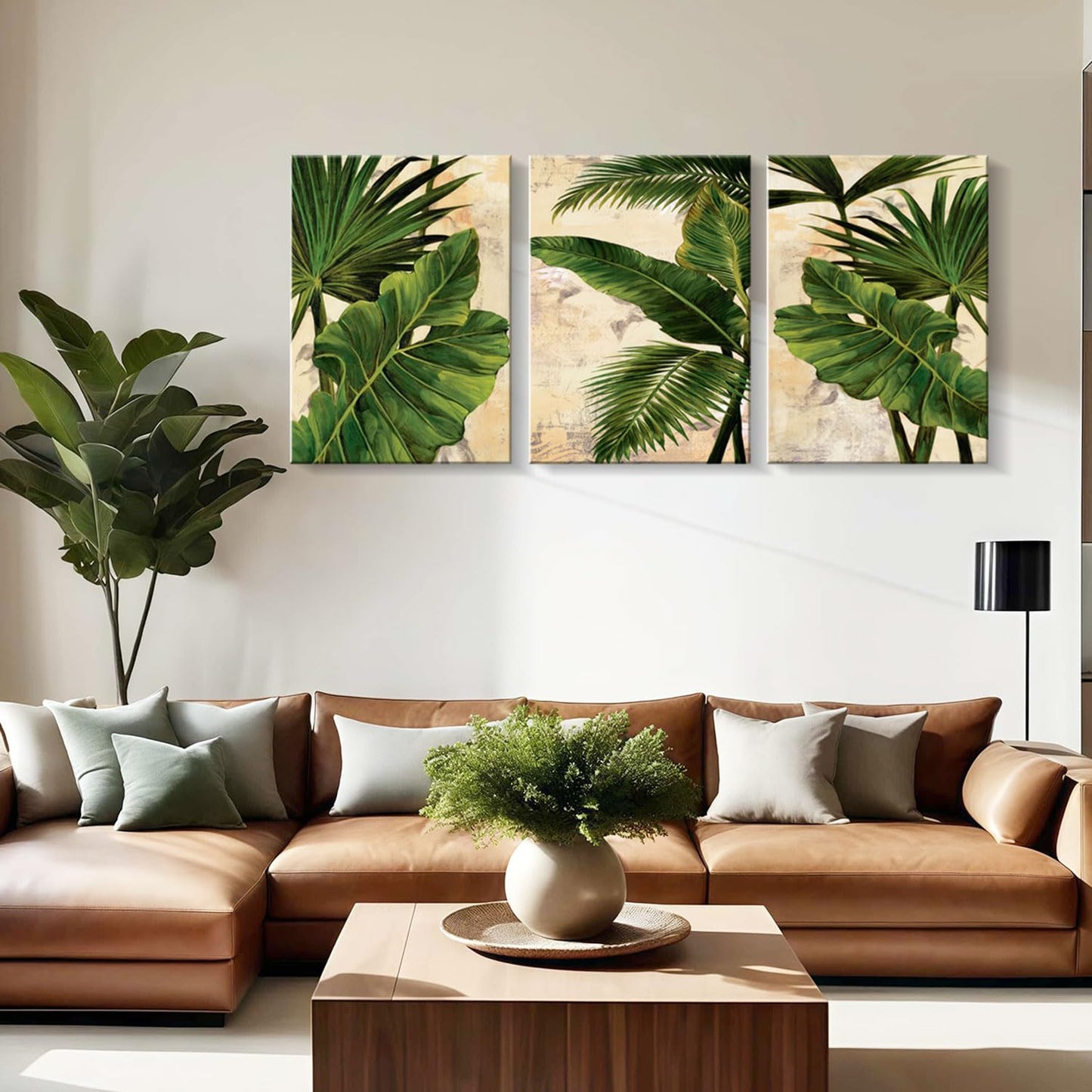 3pcs Framed Palm Leaves Banana Leaf Tropical Plants Wall Art Decor Canvas Print Nature Style Home Greenery Pictures Poster Gallery Bedroom Living Room Studio 16x24 Inch Ready to Hang