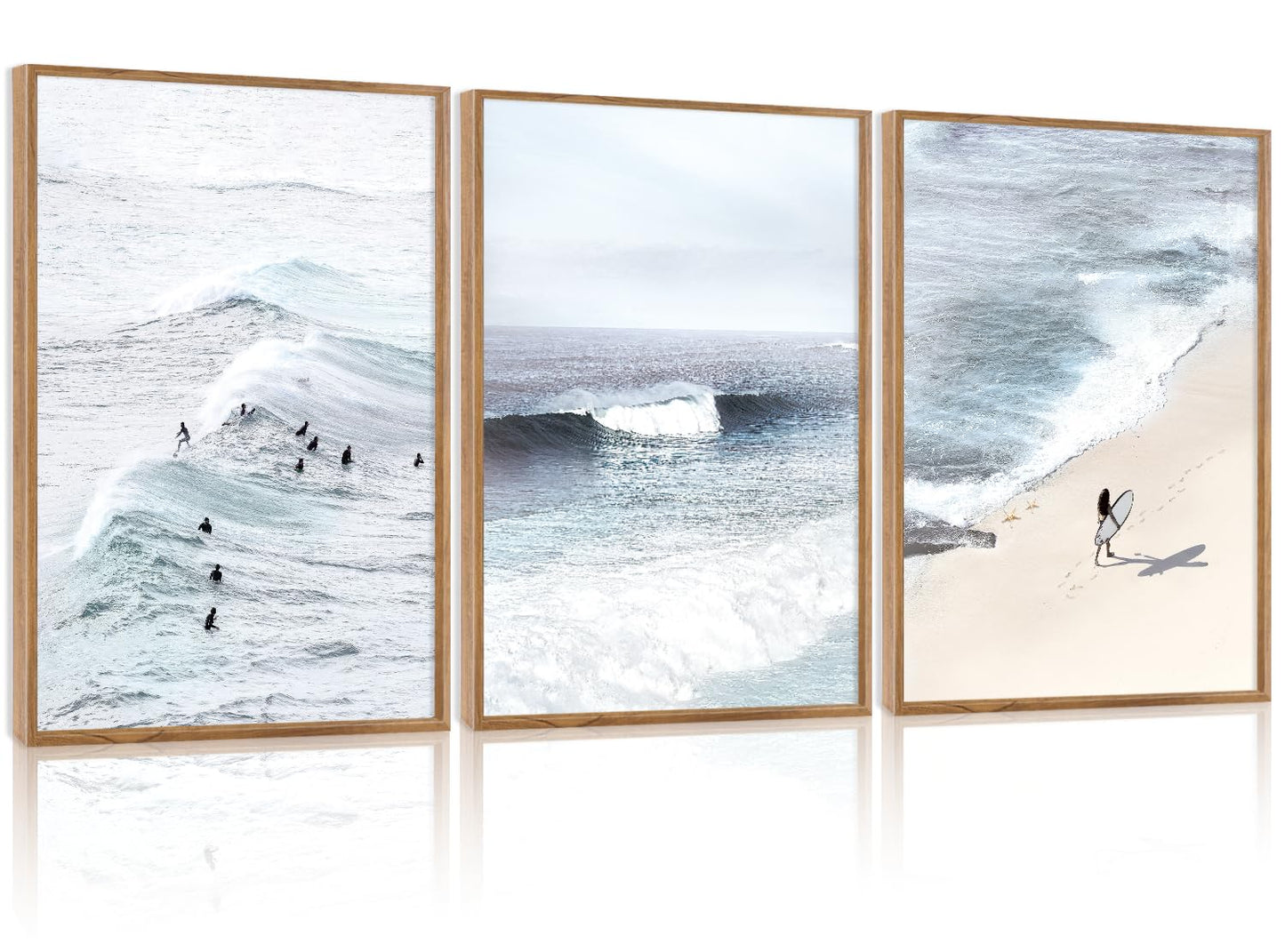 CHDITB Ocean Wave Surf Framed Canvas Wall Art Set Of 3, Minimalist Coastal Wall Decor, Nature Inspired Seascape Wall Painting, Neutral Surfboard Beach Art Prints for office Bedroom Decor (12x16 Inch)