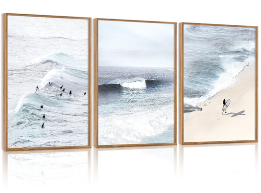 CHDITB Ocean Wave Surf Framed Canvas Wall Art Set Of 3, Minimalist Coastal Wall Decor, Nature Inspired Seascape Wall Painting, Neutral Surfboard Beach Art Prints for office Bedroom Decor (12x16 Inch)