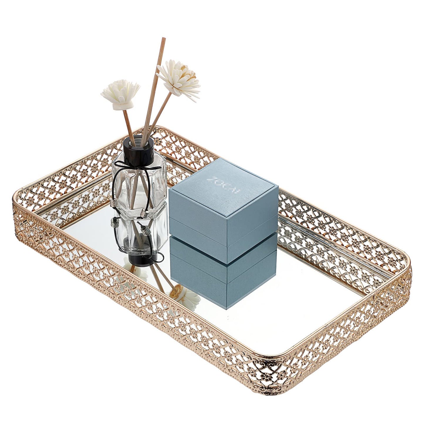 ELLDOO Gold Perfume & Makeup Vanity Tray - Hollow-Carved Jewelry Storage, Glass & Metal Trinket Organizer for Dresser & Bathroom Countertop, Large Size