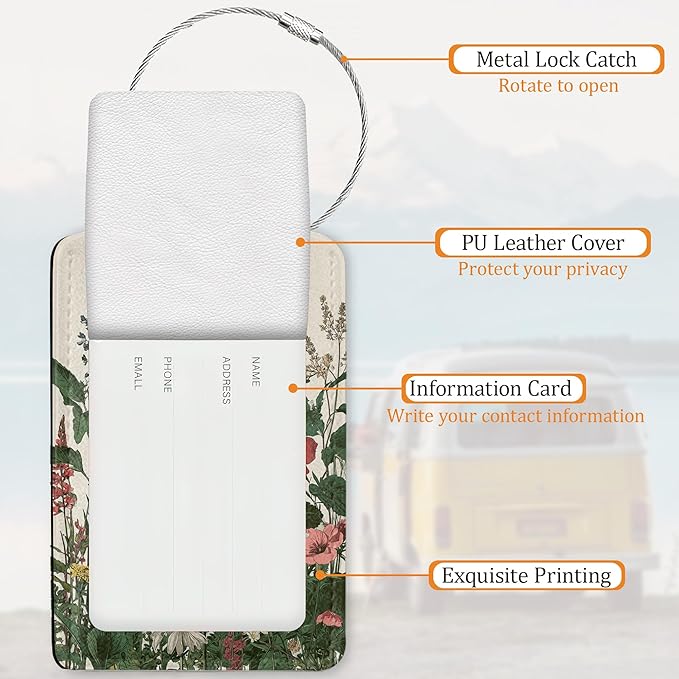 Floral Luggage Tags for Suitcases, 3 Pack Leather Bag Tag Identifiers with Stainless Steel Loop and Address Card for Men Women