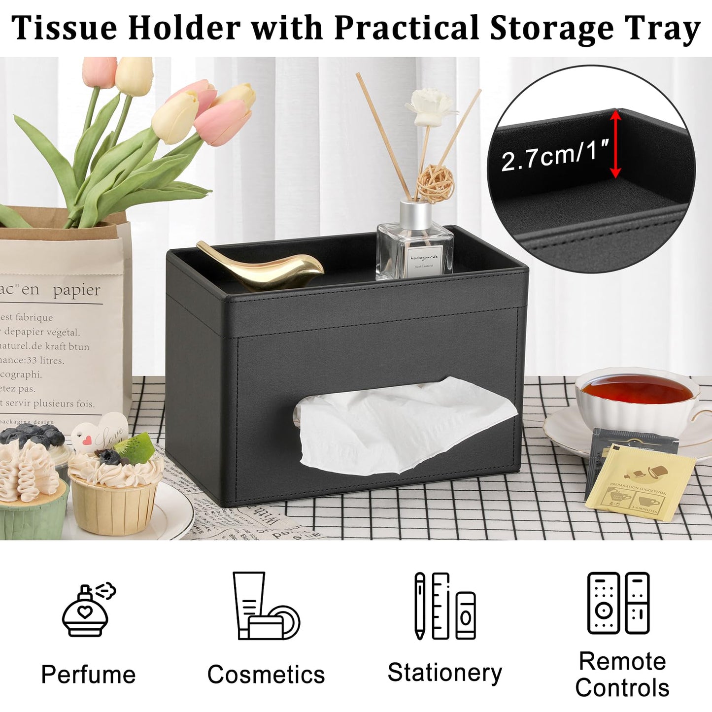 Sumnacon Tissue Box Cover with Storage Tray, Decorative Rectangular Tissue Holder PU Leather Facial Tissues Organizer Stylish Modern Tissue Dispenser for Bathroom Toilet Tank Vanity Dresser Table