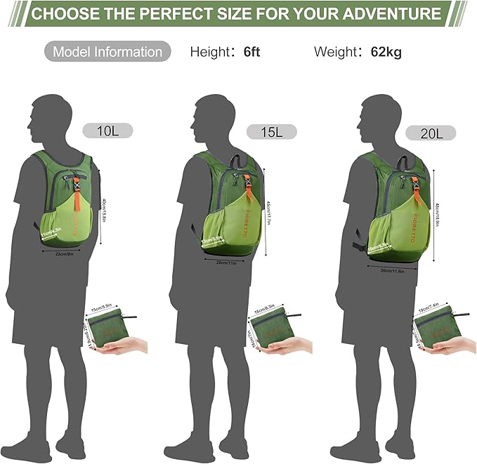 FIORETTO 15L Hiking Backpack for Women Men Mini Packable Backpack Lightweight Small Daypack for Camping Travel Outdoor, Green
