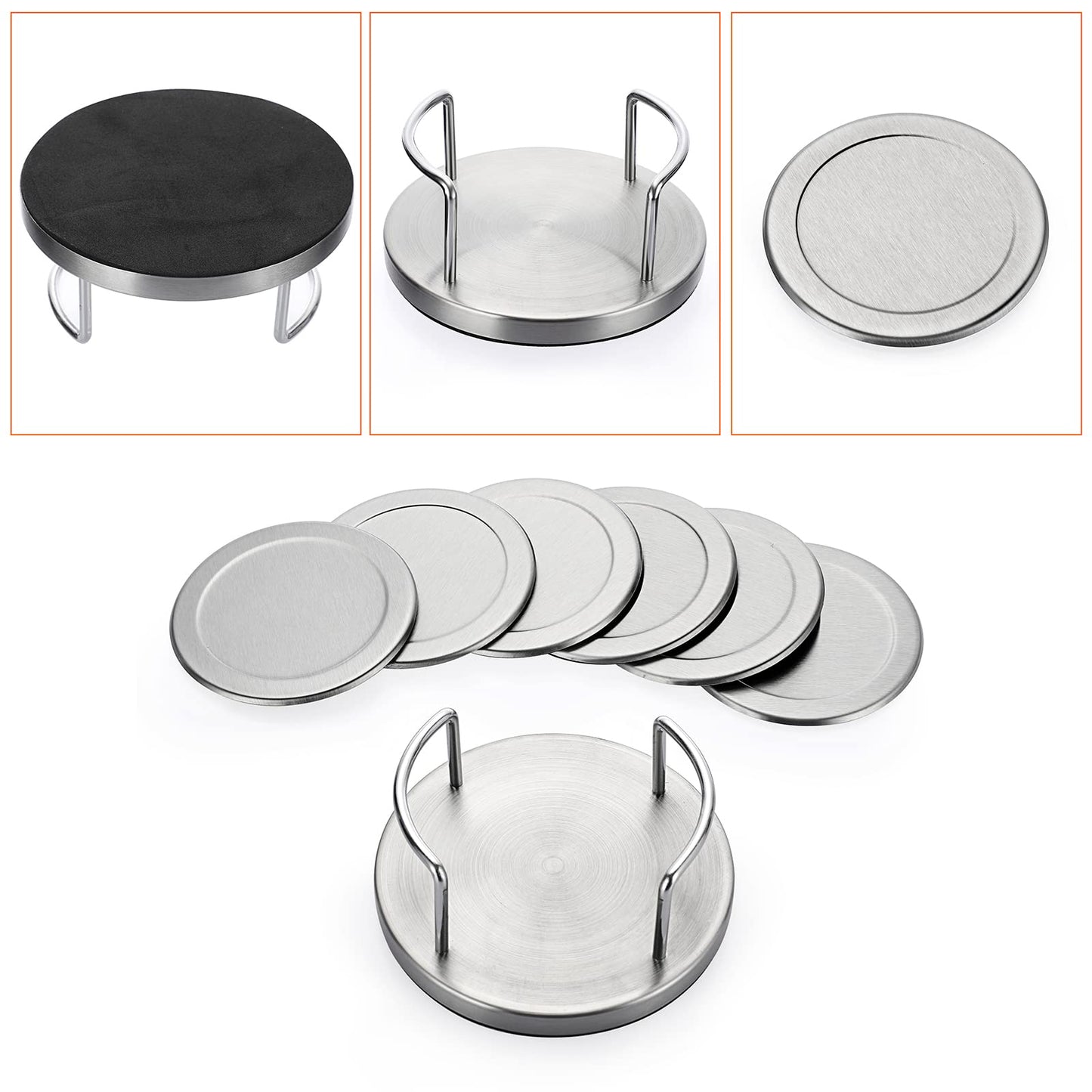 JUXYES Set of 6 Stainless Steel Round Coasters with Holder & Sponge Bottom, Silver Metal Cup Coasters Set Stunning Cool Coaster Cups Mats Decor for Restaurant Kitchen bar Dining Table