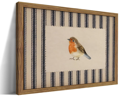 Framed Robin Bird Wall Art, Striped Nature Watercolor Canvas Print, Country Farmhouse Wall Decor, Vintage Cottagecore Animal Picture Artwork for Living Room Bedroom Bathroom 8x10 inch
