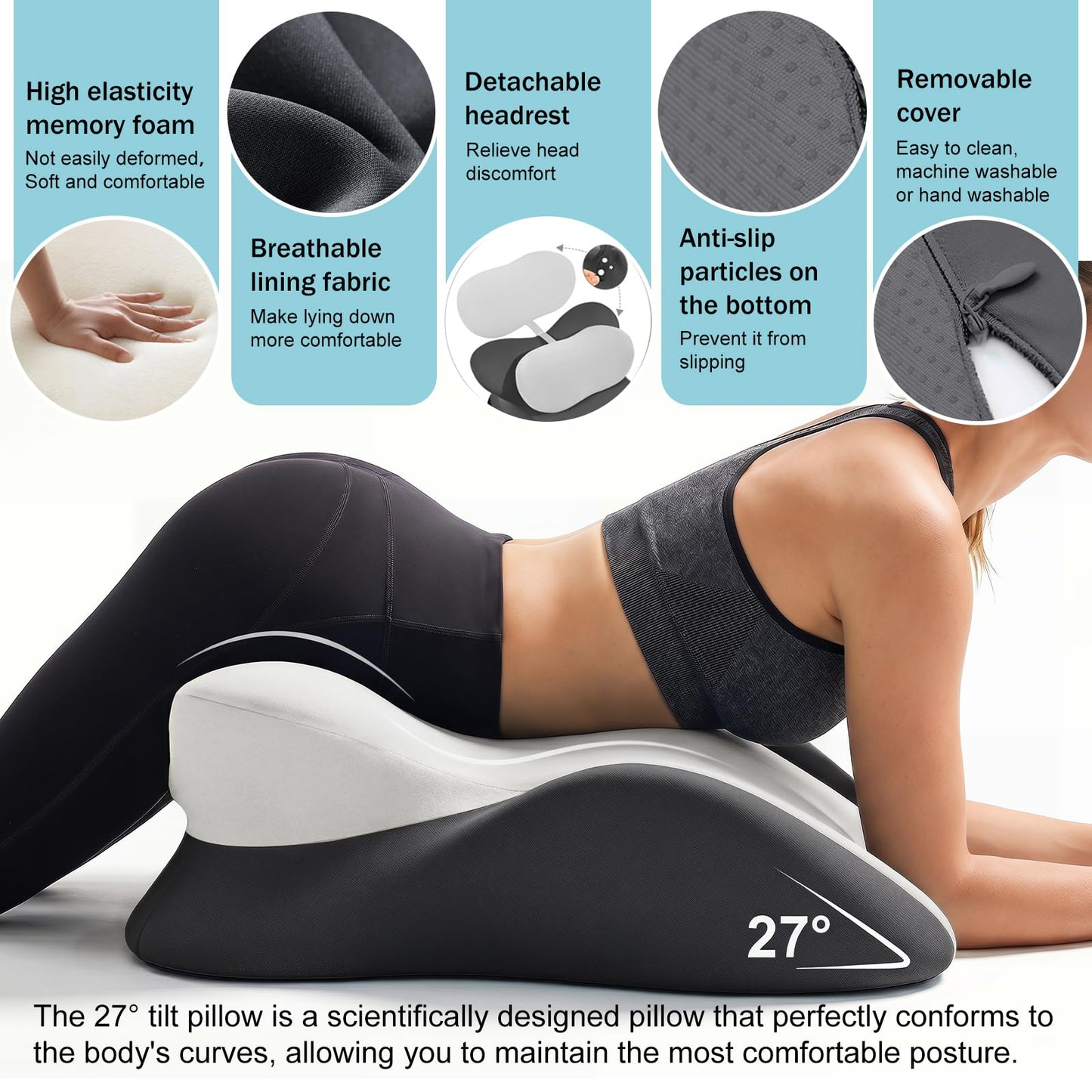 cjc Ergonomic Memory Foam Wedge Pillow 27° Support for Neck,Back and Waist,Multi-Position Bed Support Pillow with Removable Cover (Double Gray)
