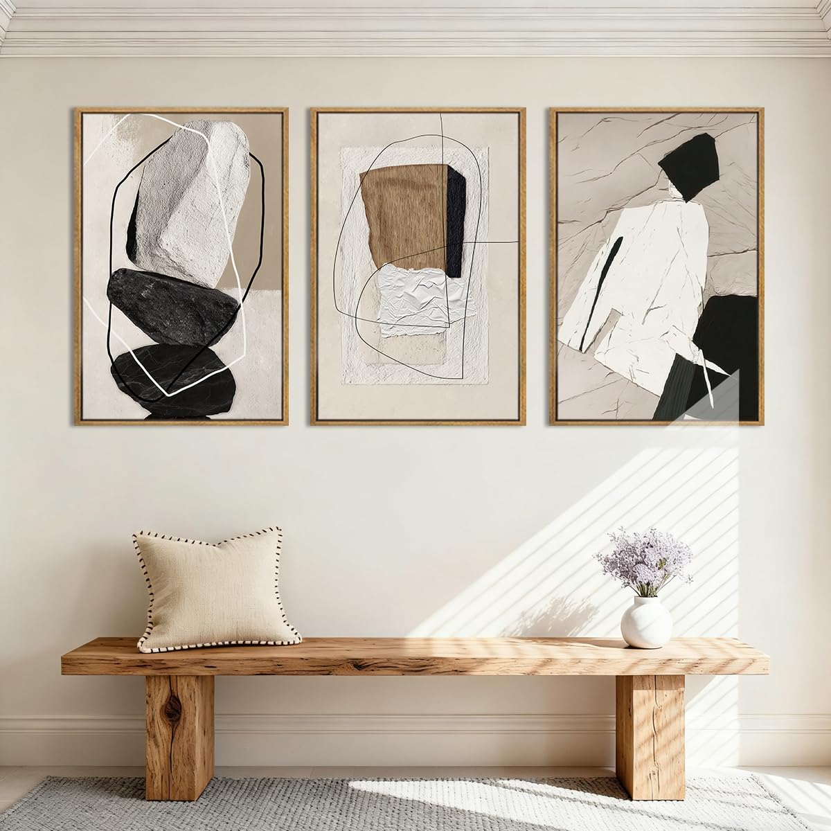 ANHUIB Large Abstract Wall Art Canvas,Black Beige Artwork,Neutral Modern Framed Wall Art, Minimalist Geometric Painting,24x36 Inches Set of 3 for Living Room Bedroom