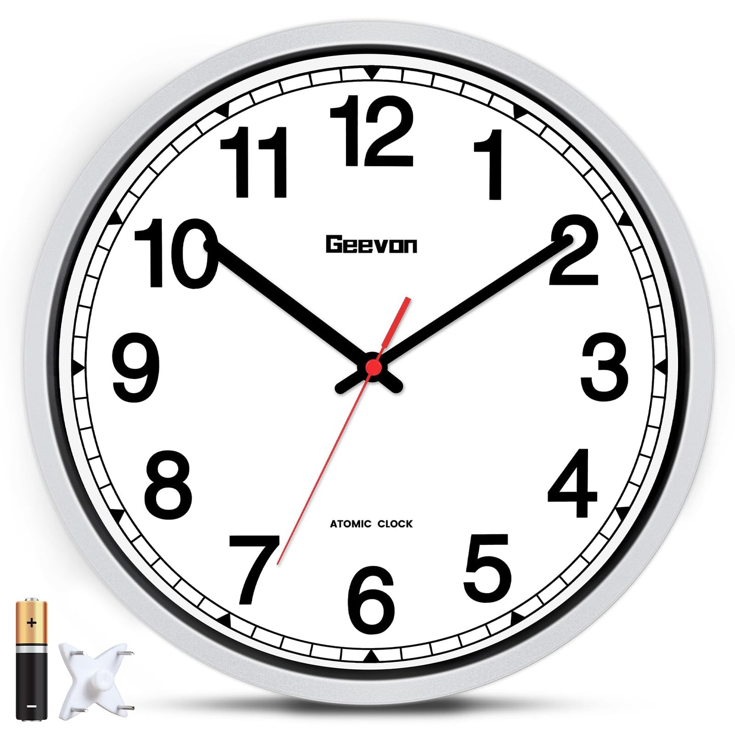 Geevon 16 Inch Atomic Wall Clock - Self-Setting Analog Clock with Automatic Time Sync - Battery Operated for Home Office School - Silver Frame