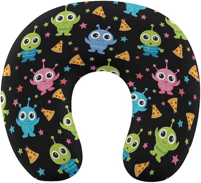 Portable U-Shaped Travel Pillow Memory Foam Neck Rest, Alien Eating Pizza Peace Funny Space Art U-Shape, Airplane Car Bus Office Chin Support