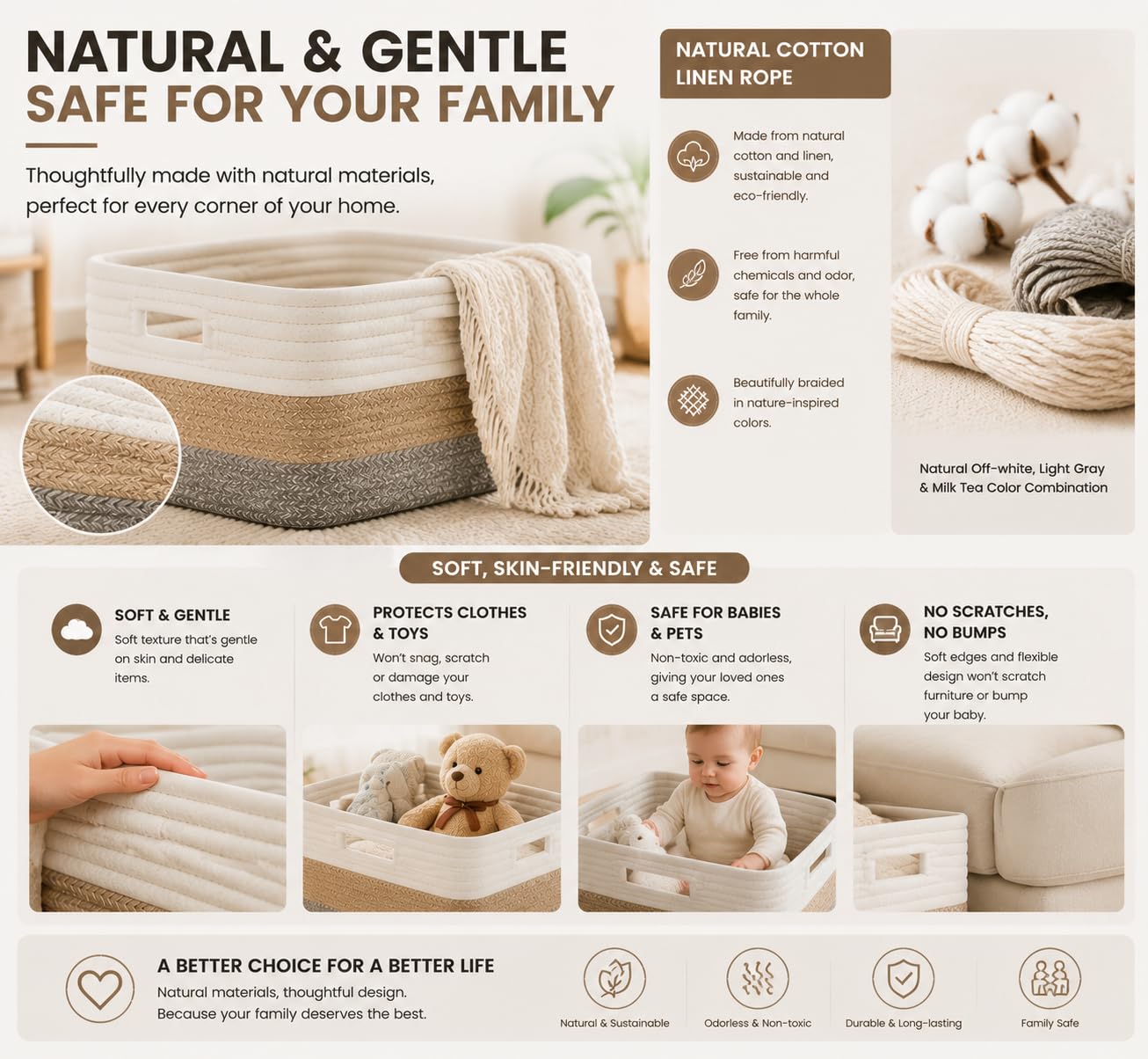 Set of 4，15.8"×13.7"×7.8"Cotton Rope Baskets for Shelves, Woven Storage Baskets for Organizing - Closet, Nursery, Bedroom, Playroom Books, Clothes
