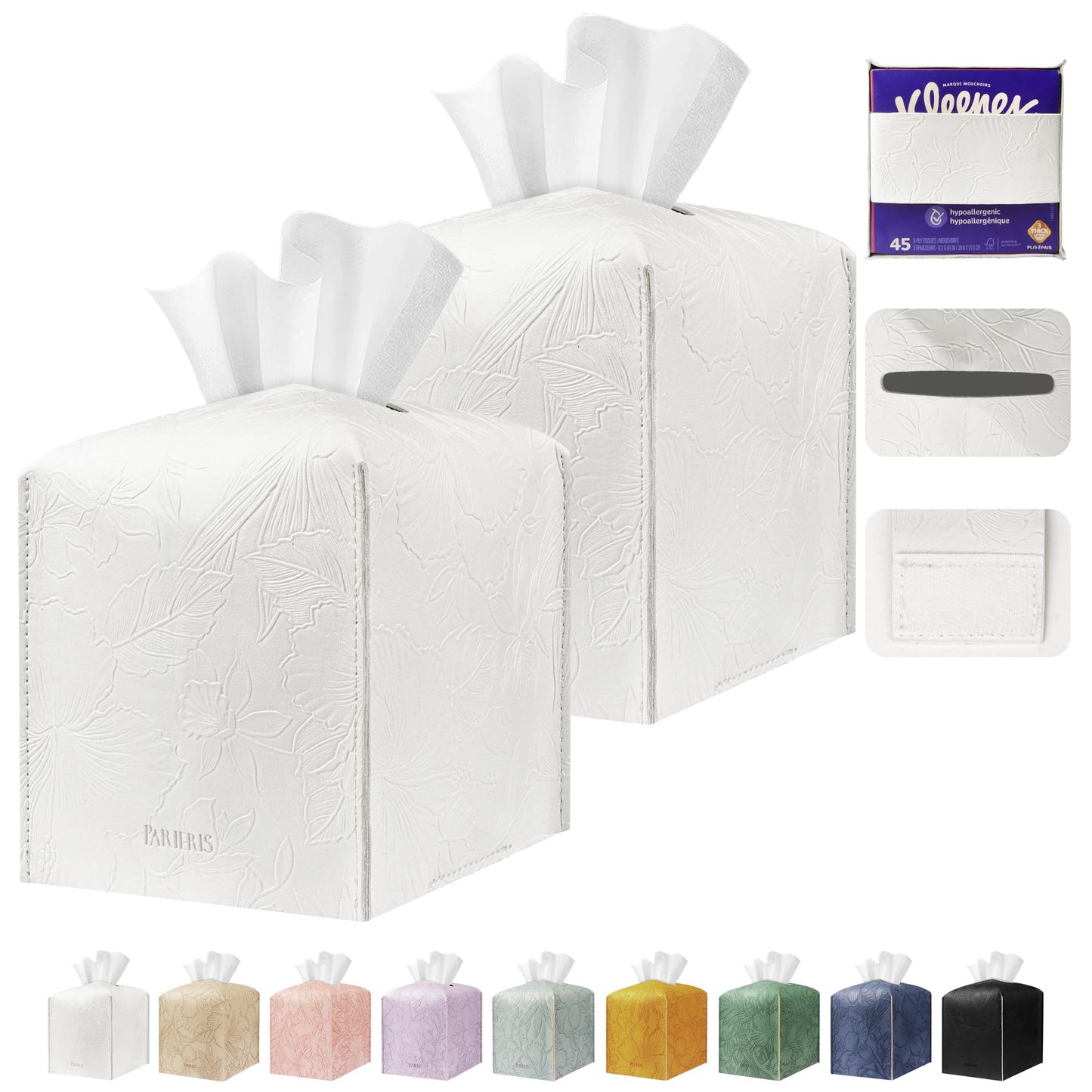 Tissue Box Holder Cover Square Tissue Cube Cover PU Leather Tissue Organizer with Bottom Belt for Bathroom, Tabletop, Kitchen, Night Stands, Office, Home, Car (2, White)