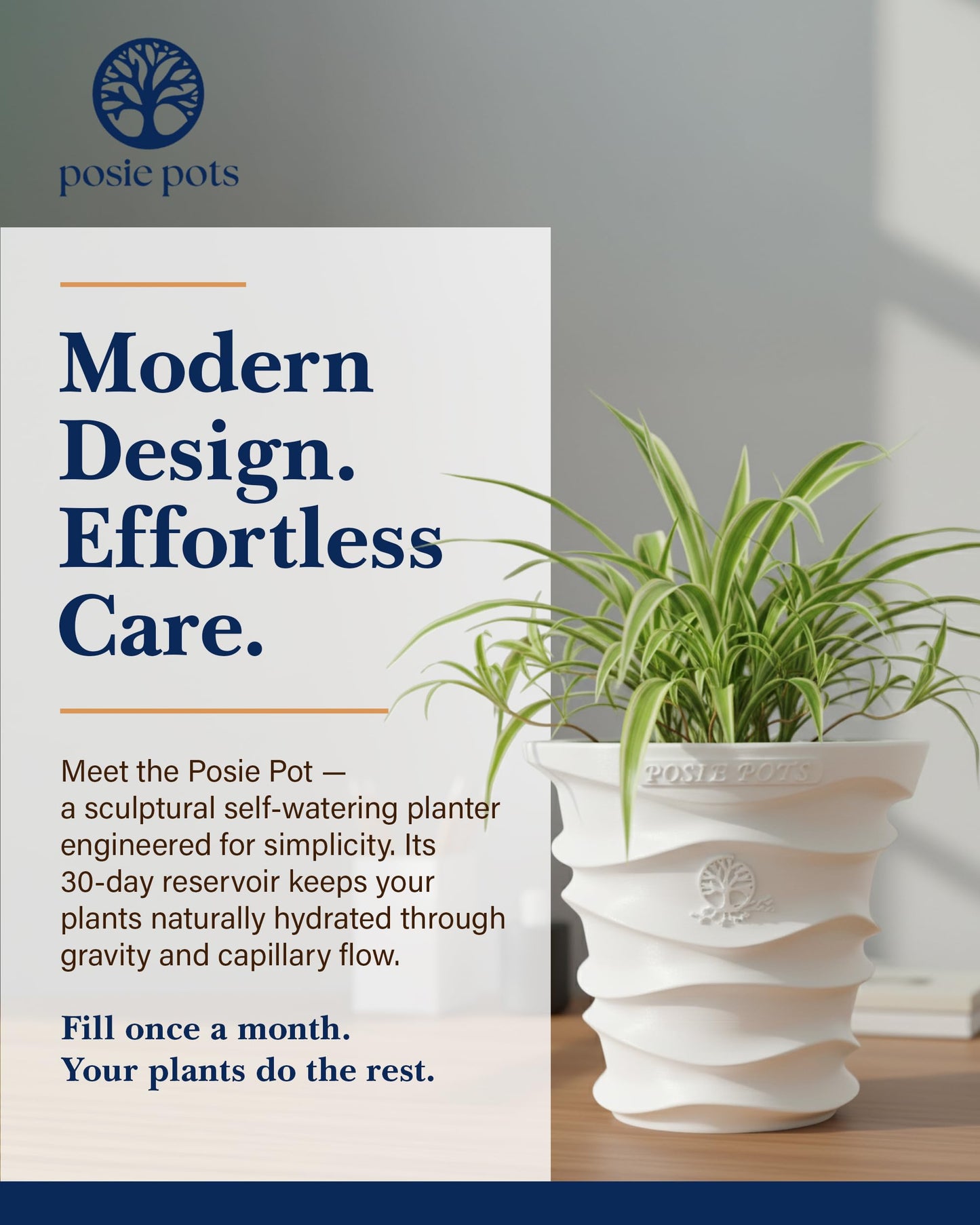 Posie Pot Medium Wave Self Watering Planter for Indoor Plants - 5x5 Inch Patented Pot with 10X Water Reservoir - Modern 3D Printed Desk Planter - Root Rot Free - Eco Friendly, Made in USA, White