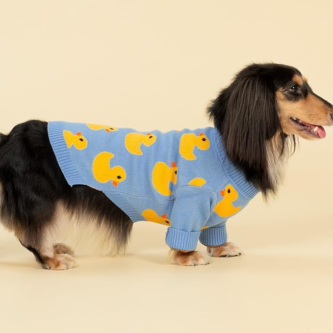Fitwarm Funny Duck Dog Sweater, Thermal Dog Winter Clothes for Small Dogs Boy Girl, Pet Outfit, Blue, Yellow, Medium