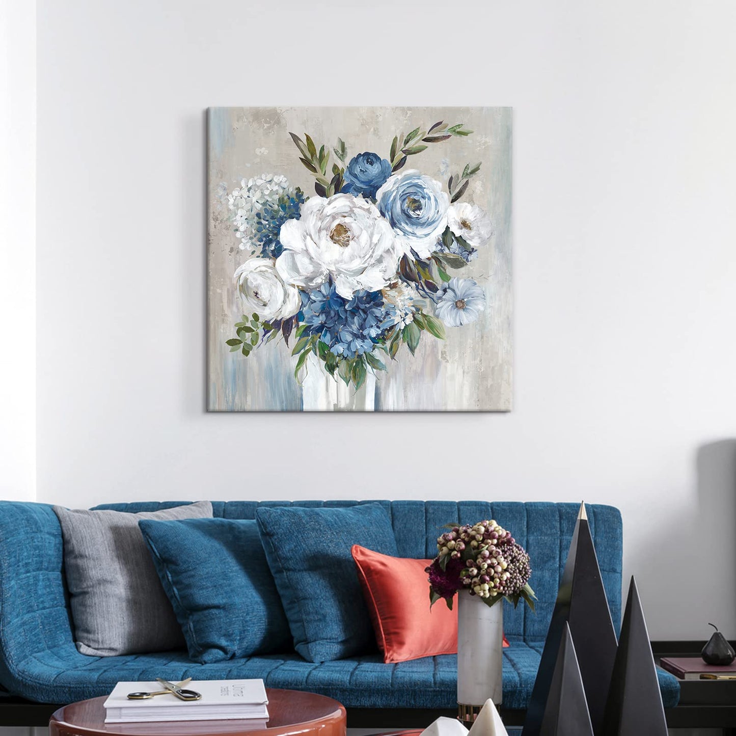 Goldfoilart Blue Flower Wall Art for Living Room White Floral Canvas Pictures Modern Paintings Framed Artwork for Bedroom Bathroom Dining Room Office Wall Decor 24" x 24"