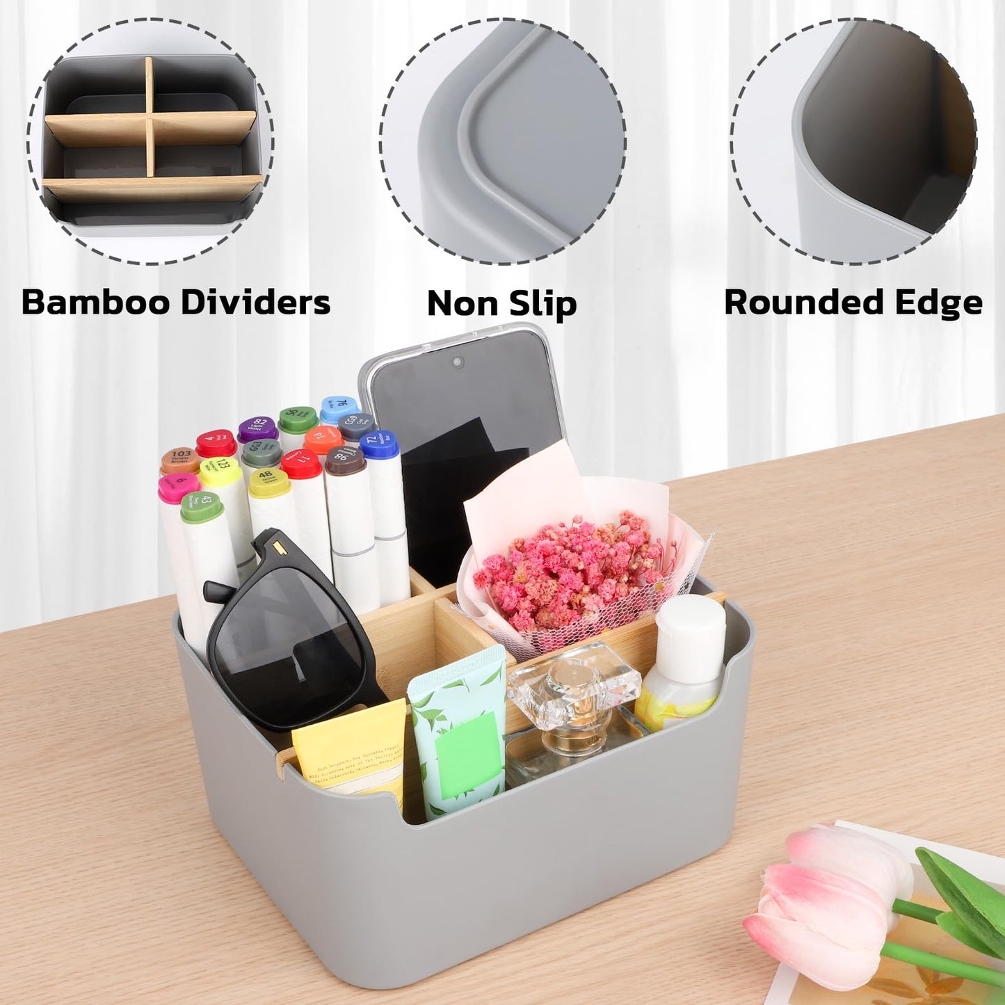Segarty Gray Desk Storage Organizer, Detachable Divided Bamboo Remote Control Holder Caddy, Desktop Pen Pencil Holder Container Box for Office Supplies Home Bedside Table