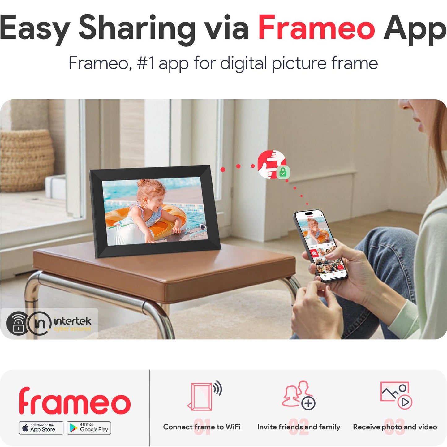 Skyrhyme 10.1 Inch Digital Picture Frame with 32GB Storage, Frameo WiFi Digital Photo Frame, 1280 * 800 IPS Touch Screen, Auto-Rotate Slideshow, Easy to Share Photo/Video via Free App