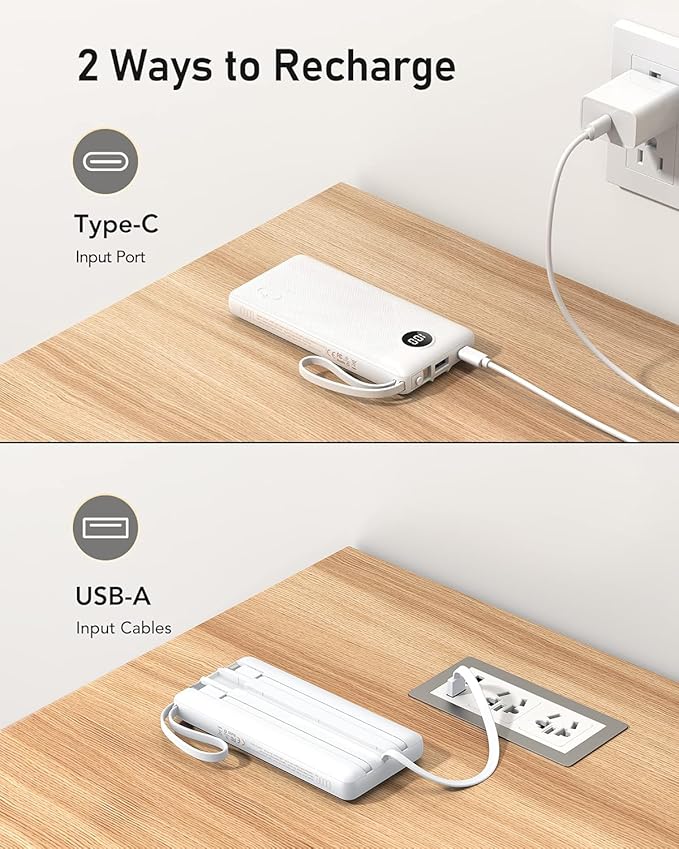 VEEKTOMX Portable Charger Built-in Cables, 10000mAh Power Bank for iPhone, Fast Charge USB C Battery Pack Travel Essentials Powerbank Compatible with iPhone 17/16/15/14, Samsung S25/24, Android, etc