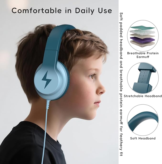 Kids Headphones, Wired Headphones for Kids Over Ear with Microphone, 85/94dB Volume Limiter Headphone for Girls Boys, Foldable Headphone for Learning & Entertainment, Gradient Green