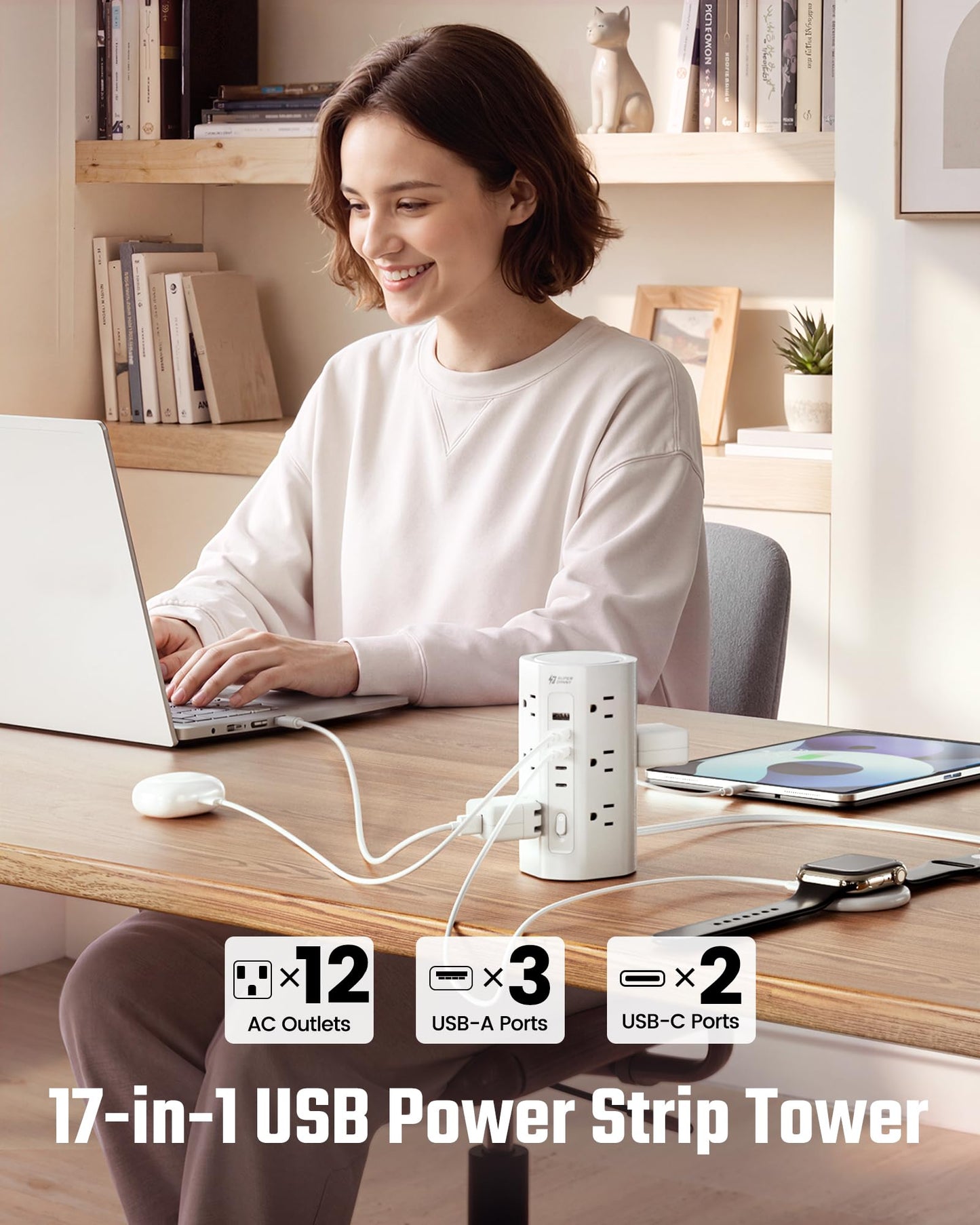 10Ft Extension Cord Power Strip Tower with Multiple Outlets, Flat Plug Power Tower 1700J Surge Protector, 12 AC Outlets 5 USB Ports (2 USB C), Desk USB Charging Station, Home Office Dorm Room, White