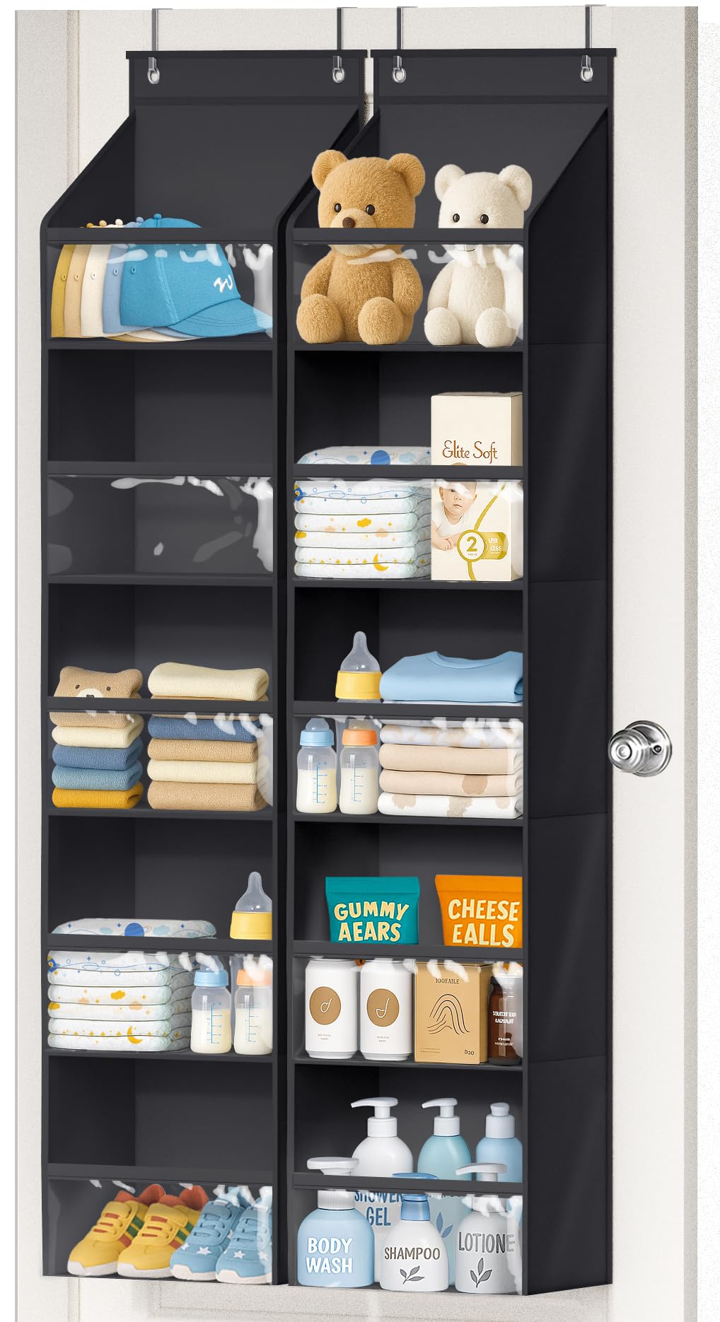 AOODA 2 Pack Over the Door Organizer, Large Capacity Closet Door Hanging Organizer, Clear Deep Pockets Baby Storage for Nursery, Bathroom, Bedroom, Pantry, Diapers (Black)