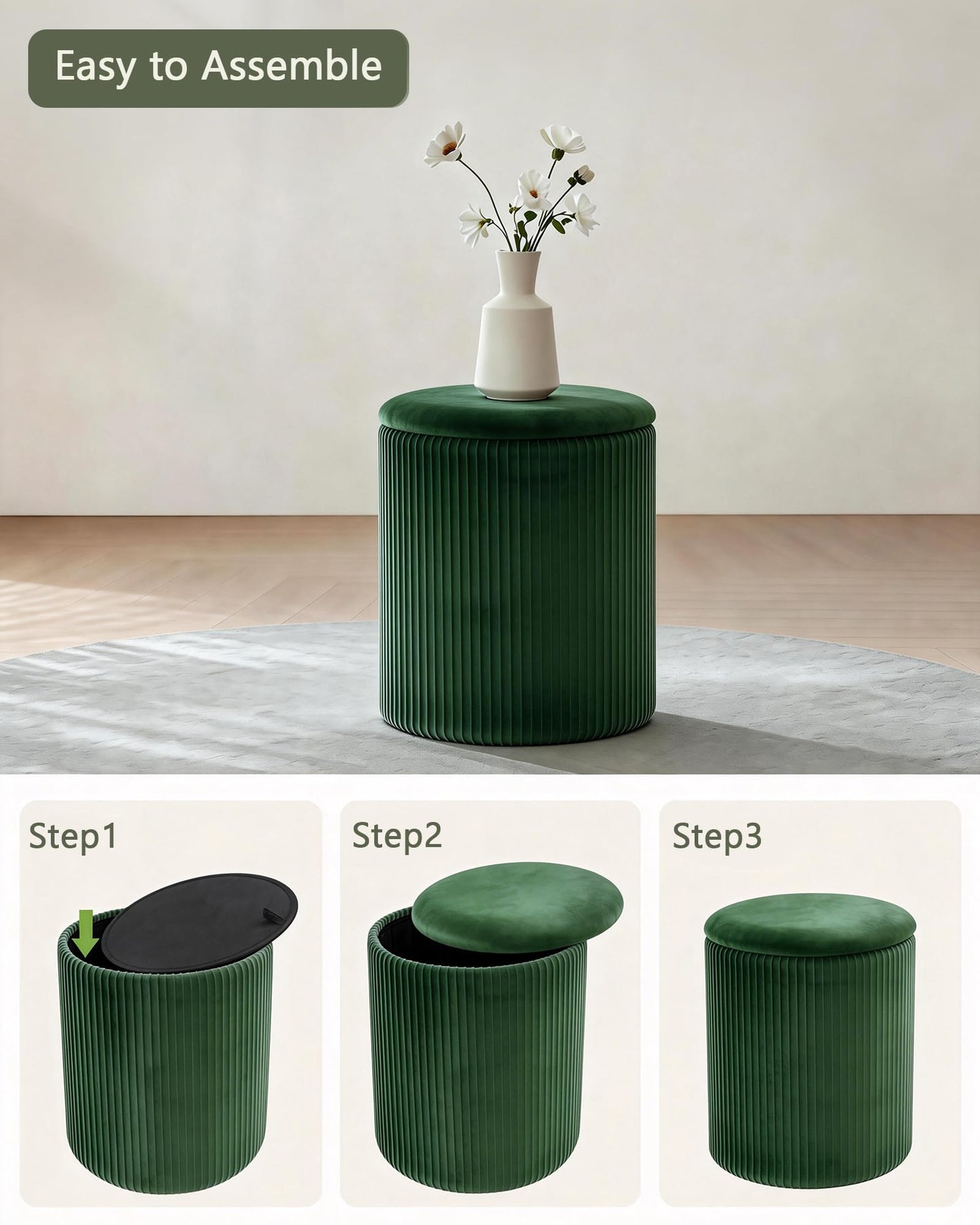 LITZFUR Round Ottoman with Storage,Velvet Upholstered Vanity Stool & Folding Foot Rest,Coffee Table for Living Room,Bedroom,Dark Green