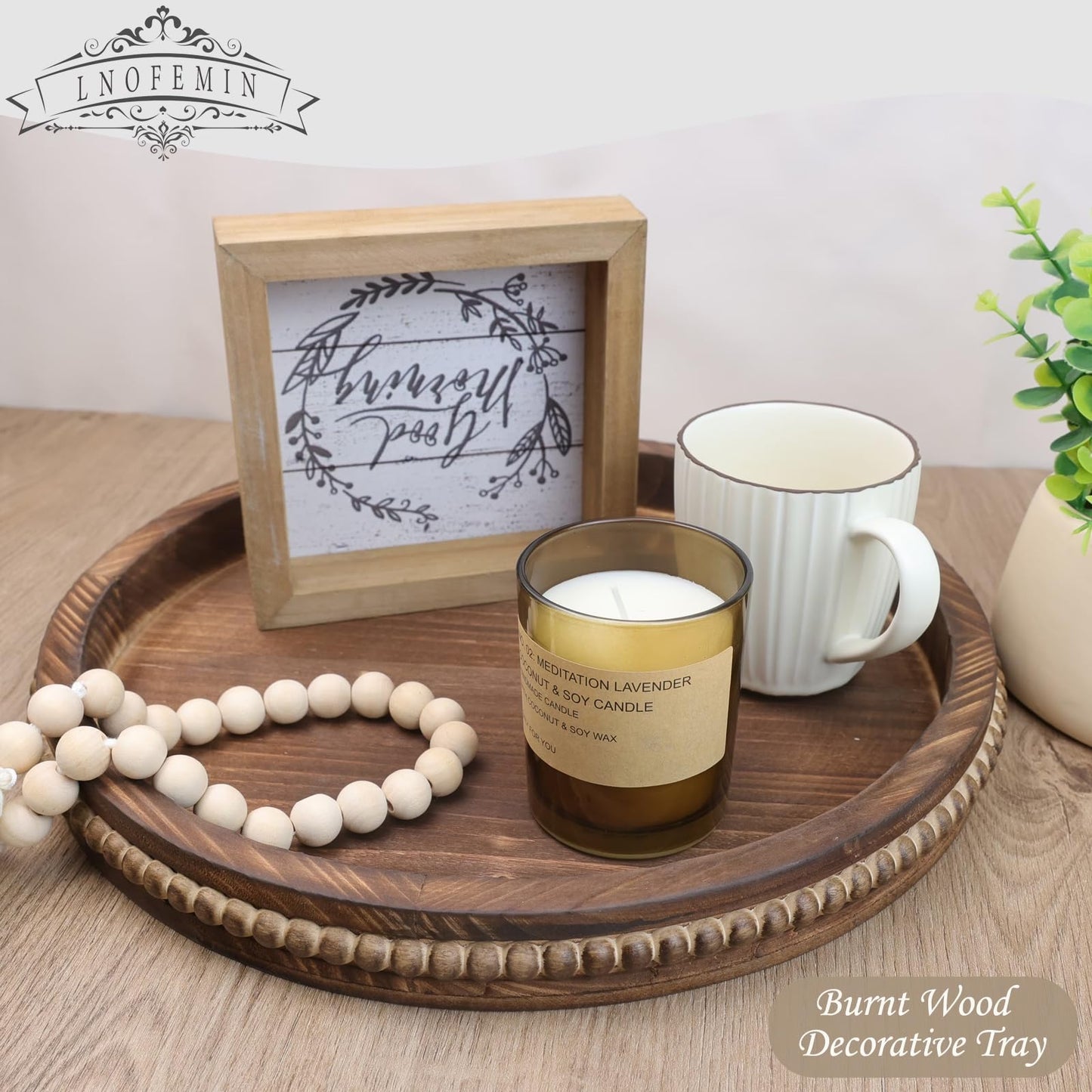 Lnofemin Round Burnt Wood Serving Tray with Beads, Wooden Decorative Tray for Entertaining, Decoration, and Gifting,