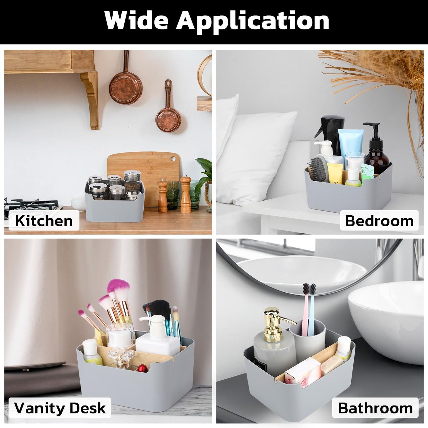 Segarty Gray Desk Storage Organizer, Detachable Divided Bamboo Remote Control Holder Caddy, Desktop Pen Pencil Holder Container Box for Office Supplies Home Bedside Table