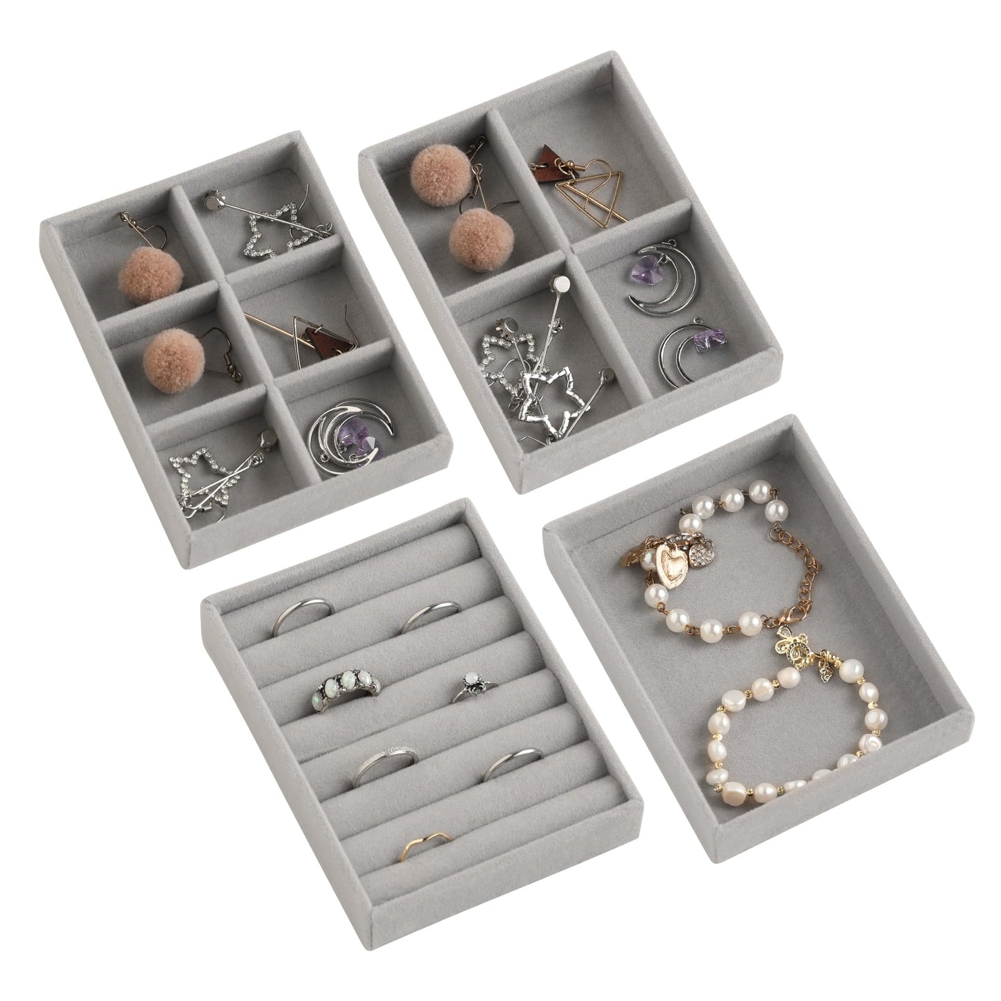 Frebeauty Small Jewelry Tray Set,Stackable Velvet Jewelry Organizer Tray,Mini Jewelry Drawer Organizer,Drawer Inserts,4.92 x 3.74 x 0.9 Inches,Earring Organizer for Women(Set 4,Grey)