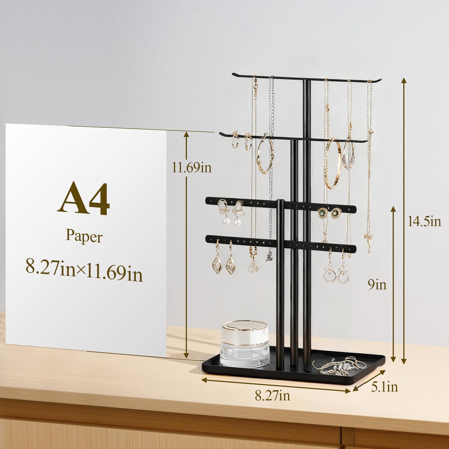 pickpiff Black Jewelry Stand Holder Organizer: 14.5" Sturdy Hanger for 80 Pcs Jewelry, Jewlery Tower for Display Necklace, Earring, Bracelet, Watch