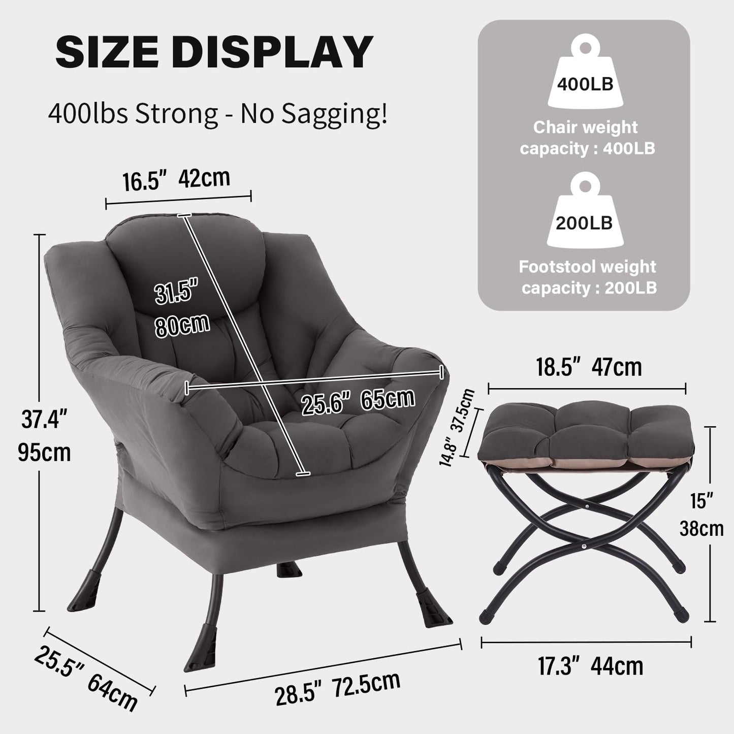 YOTATING Lazy Chair with Ottoman, Lounge Accent Arm Chair with Armrests, Side Pocket and Footrest, Leisure Upholstered Sofa Reading Chair with Footstool for Living Room Bedroom, Dark Grey