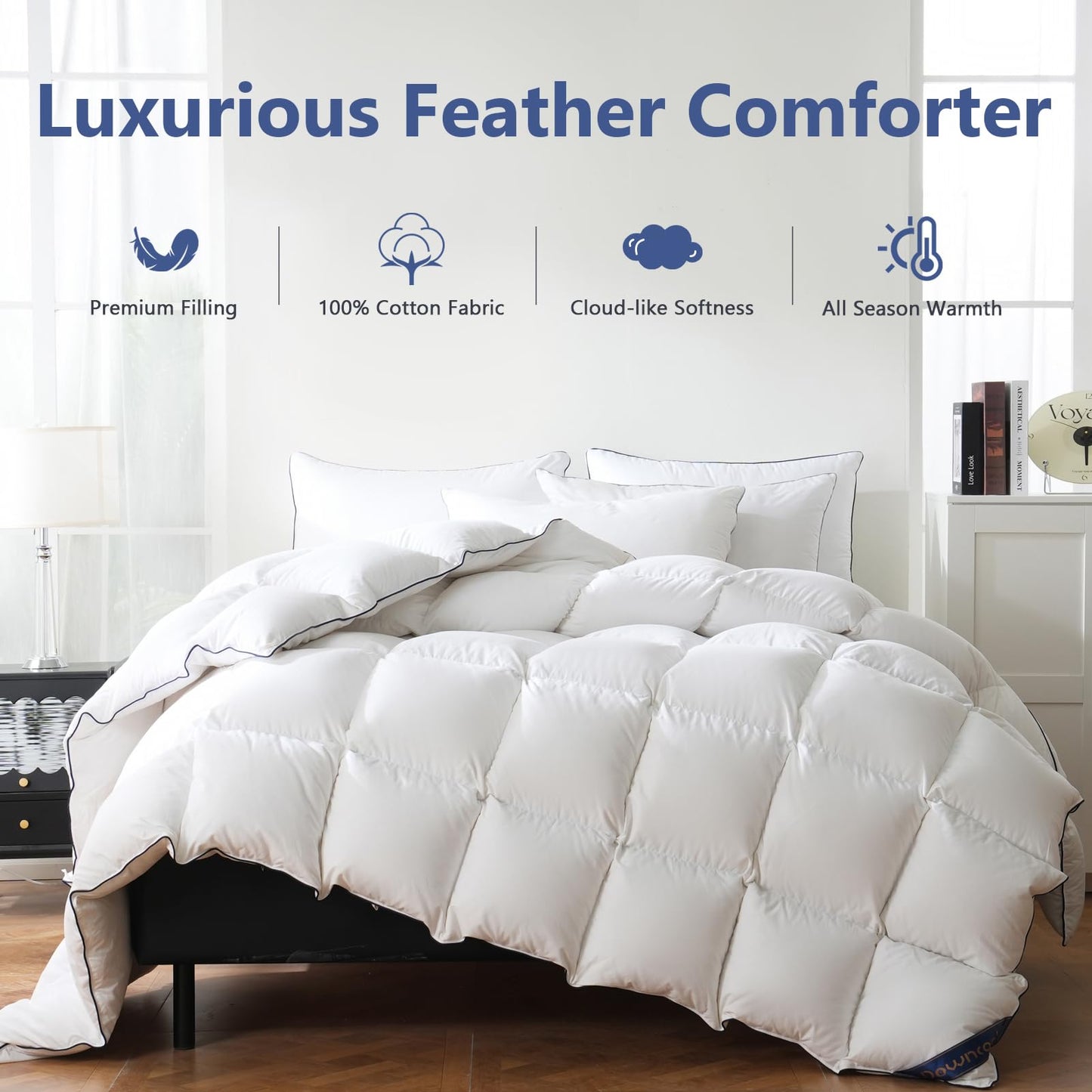 DOWNCOOL Feather Comforter King Size, 100% Cotton Cover Ultra Soft Fluffy Duvet Insert King, All Season Luxurious Hotel Bedding Comforters with Corner Tabs, White 106"x90"