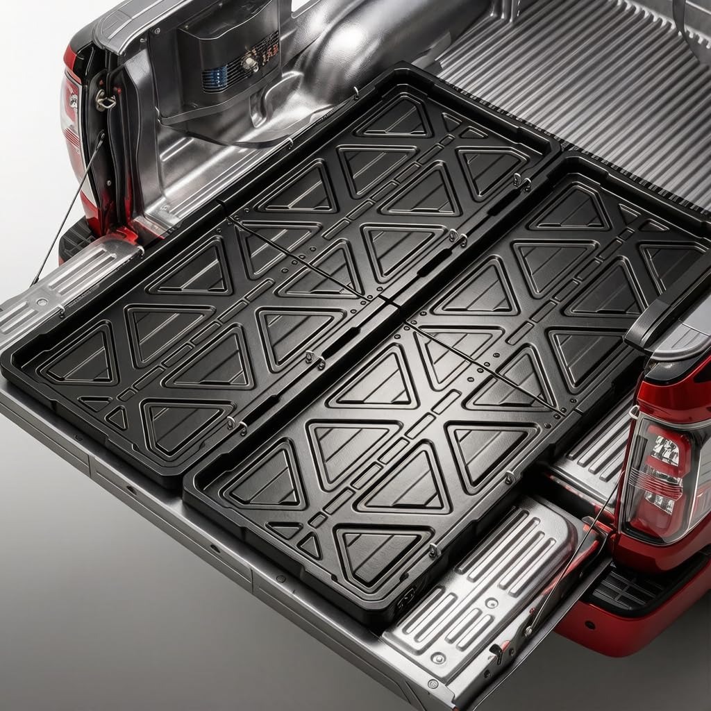 KOKSHELY Slide-Out Truck Bed Tray, 61.72" Lx 46.25" W Size Truck Bed Organizer Tray for 5’7’’+ Long Beds, Sliding Truck Cargo Tray Fits Most Full-Size Pickups, with Elastic Cargo Net & Open Hooks