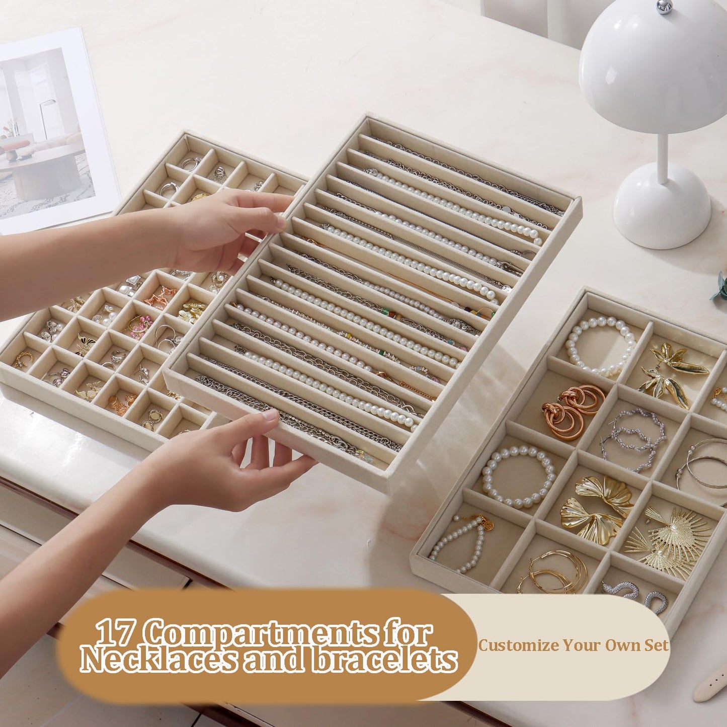 KATISYIO Large Velvet Jewelry Tray 2 Pack Stackable Jewelry Display Drawer Inserts Trays Organizer for Earring Bracelet Necklace Ring (Beige, 16 Grids)