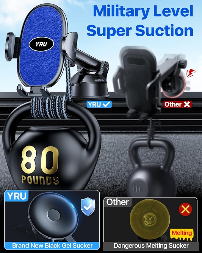YRU [2025 Upgraded Universal Car Phone Holder Mount【360°Rotatable & Strong Suction】 Cell Phone Car Dashboard Windshield Phone Holder Dash Vent Stand for iPhone 17 16 Pro Max Samsung Truck, Light Blue