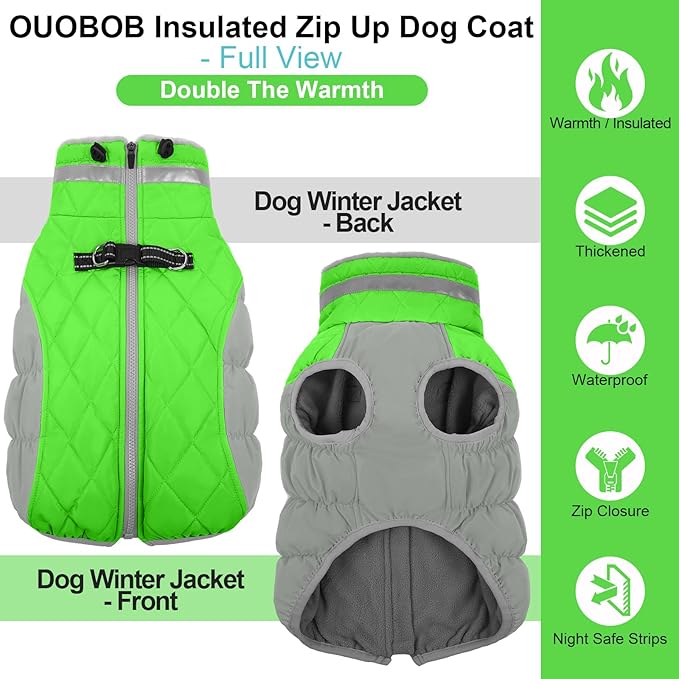 OUOBOB Warm Dog Jackets for Large Dogs, Waterproof Dog Coat with Harness Built in, Zipper Clousure, Fleece Lining for Cold Weather Outdoor Walks, Pet Snowsuit for Shiba Inu, French Bulldog - L