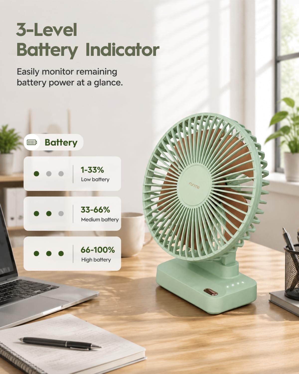 Funme Desk Fan, 6700mAh Rechargeable Table Fan with 23H Max Runtime, 3 Speeds, 90° Adjustable Tilt, Quiet Personal Desk Fan, Portable Desktop Fan forHome Office Bedroom Kitchen, Green