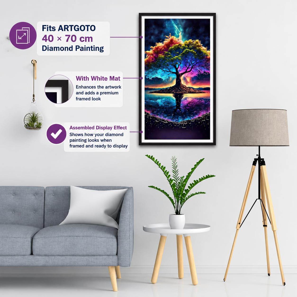 ARTGOTO 15.7x27.5inch/40x70cm Large Diamond Art Painting/Paint by Numbers MDF Picture Frames,Display 35x65cm with Mat or 40x70cm Without,Horizontal & Vertical Wall Hanging for Puzzles,Photos,Posters