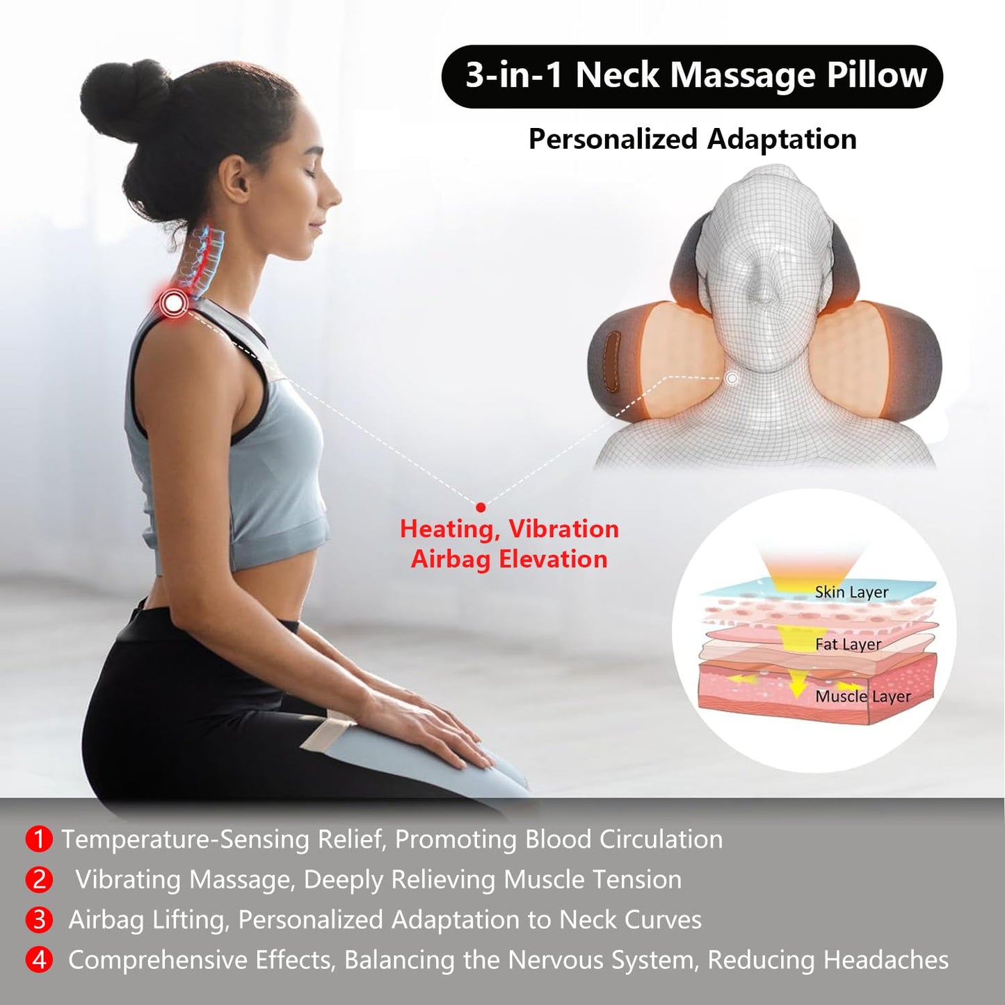 Bkrtondsy 3-in-1 Cervical Neck Traction Pillow Massage Hump - Heating,Vibration,Airbag Elevation, Automatic Massage,Cervical Traction Pillow, Neck Relief Tool,Deep Muscle Relaxation(Grey&Black)