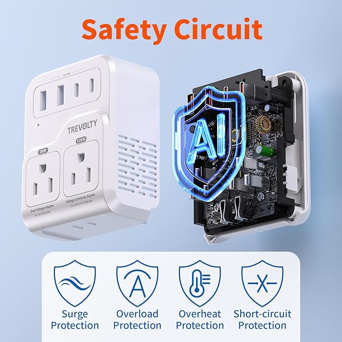 2000W Voltage Converter US to Europe for Hair Dryers, 7-in-1 220V to 110V Converter for European Travel with 3 AC/2 USBA/2 USBC Ports (PD20W), Universal Travel Adapter with Type C G Plug