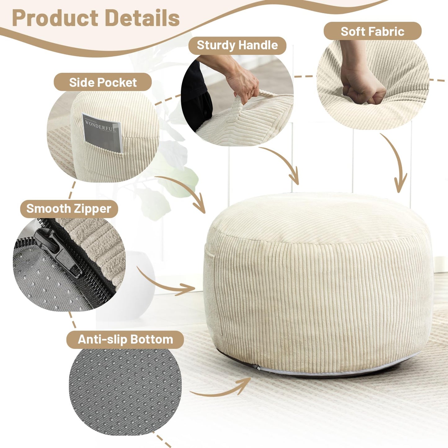 Manyday Round Stuffed Pouf Ottoman,Corduroy Foot Rest with Rebound Foam Filled, Furry and Fluffy Foot Stool Ottoman, Floor Poufs for Living Room (Beige, 20" D x 20" W x 15" H)