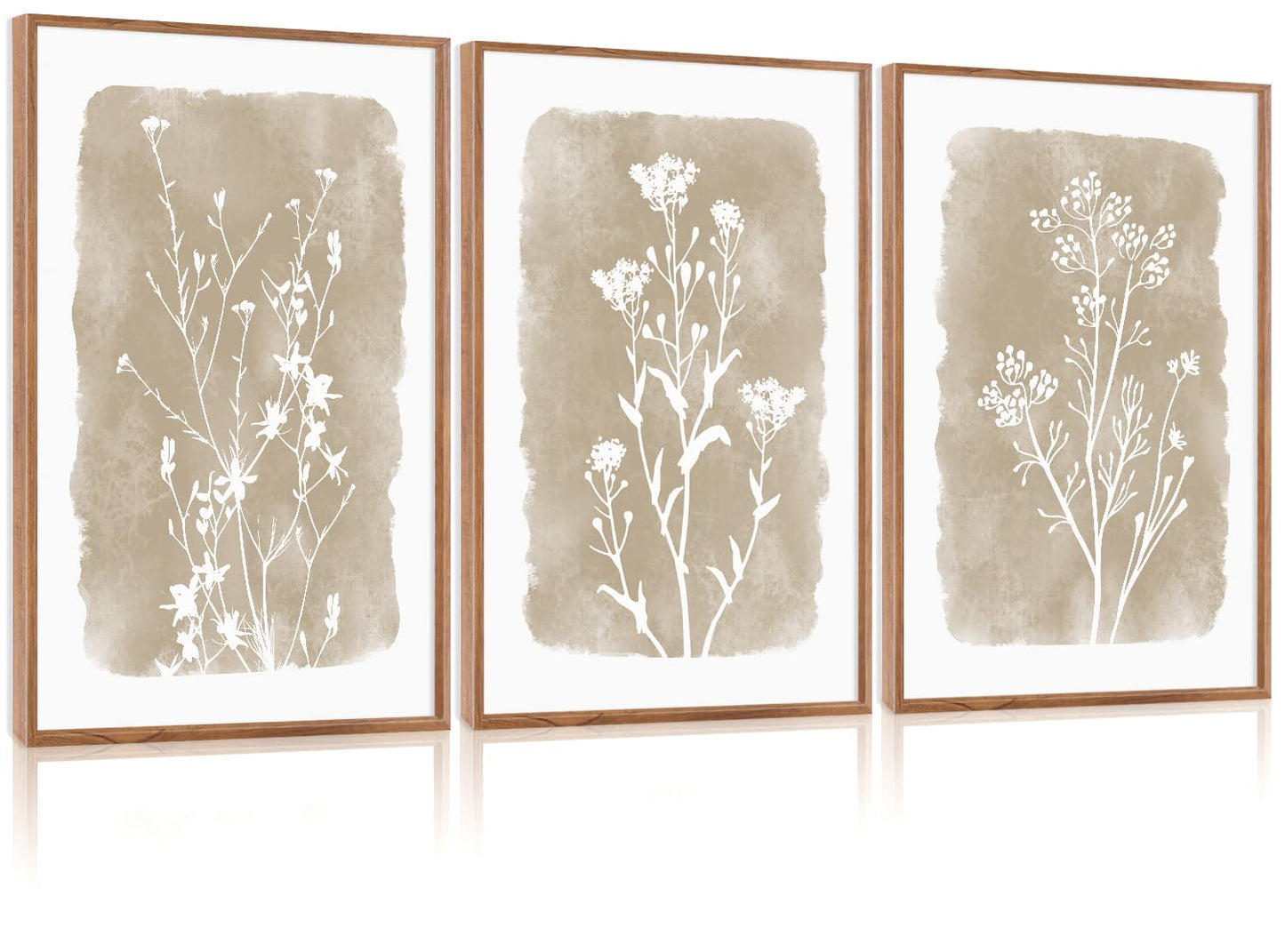CHDITB Neutral Botanical Wall Art Set of 3, 24"x36" Large Framed Boho Farmhouse Flower Wall Decor, Modern Minimalist Floral Wall Painting, Begie Wildflower Canvas Art Prints for Living Room, Bedroom