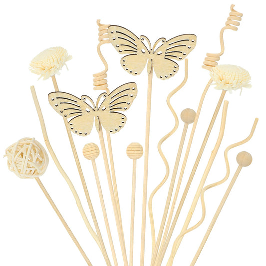 Amabro 15Pcs Natural Rattan Reed Diffuser Sticks Fragrance Oil Diffuser Flower Set Wood Beads Butterfly Replacement for Home Office Aromatherapy Decor